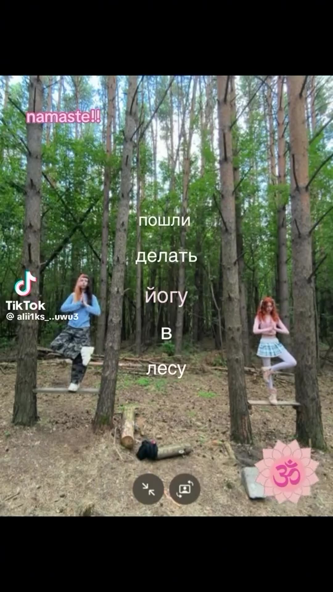 A reposted TikTok video of two young women doing playful yoga poses between pine trees in a forest, with a Russian text overlay and a TikTok end card.