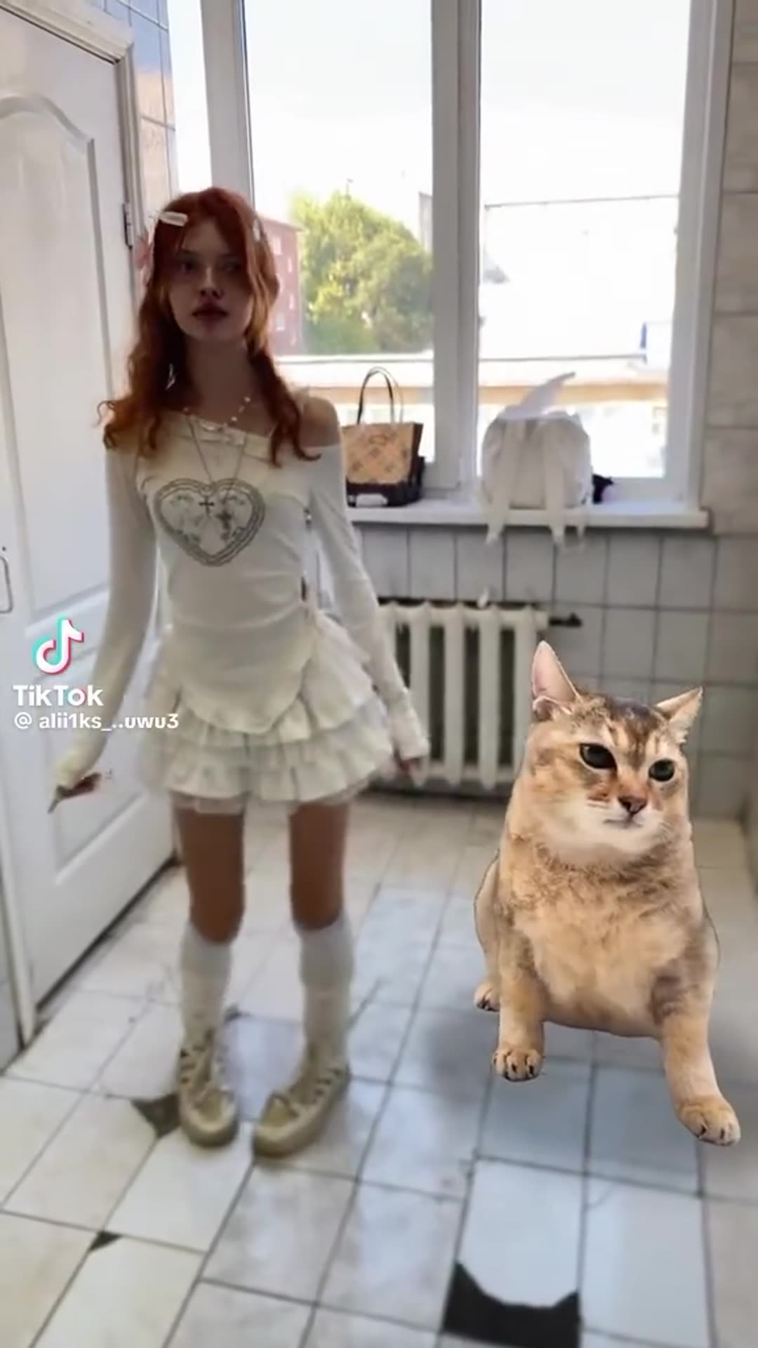 A reposted TikTok clip shows a young woman in a white outfit dancing in a tiled room next to a large cat that appears to be an overlaid effect, with the Russian audio line "I'm an institutka too". It ends on TikTok logo screens showing the author's handle.