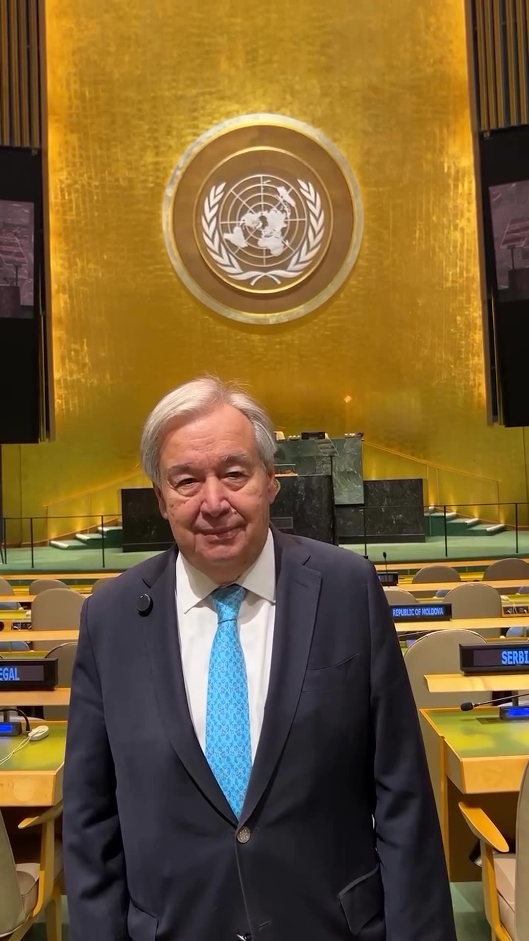 A video message recorded in the empty United Nations General Assembly hall. The speaker says that leaders from around the world will gather in the room this week. He calls on them to come together for peace, dignity, justice and humanity, and says international cooperation is needed to build a bett…