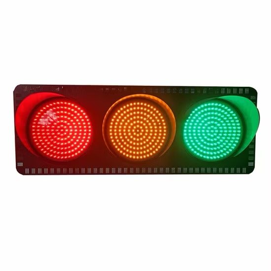 A product-style image of a horizontal LED traffic light with red, amber and green lamps all lit, on a white background.