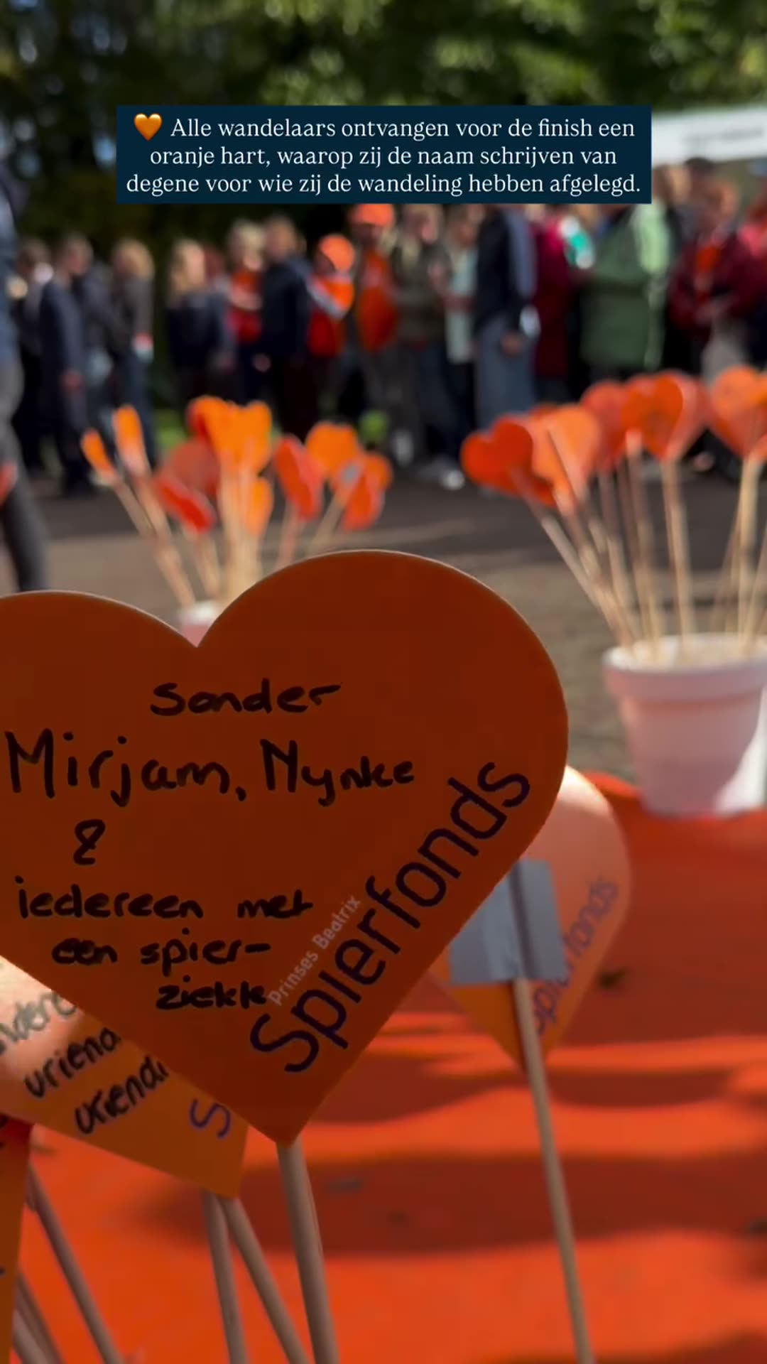 A reshared story from the Dutch royal house account shows orange heart-shaped tags of the Prinses Beatrix Spierfonds, used by walkers at a charity walk to write the name of the person they walk for.
