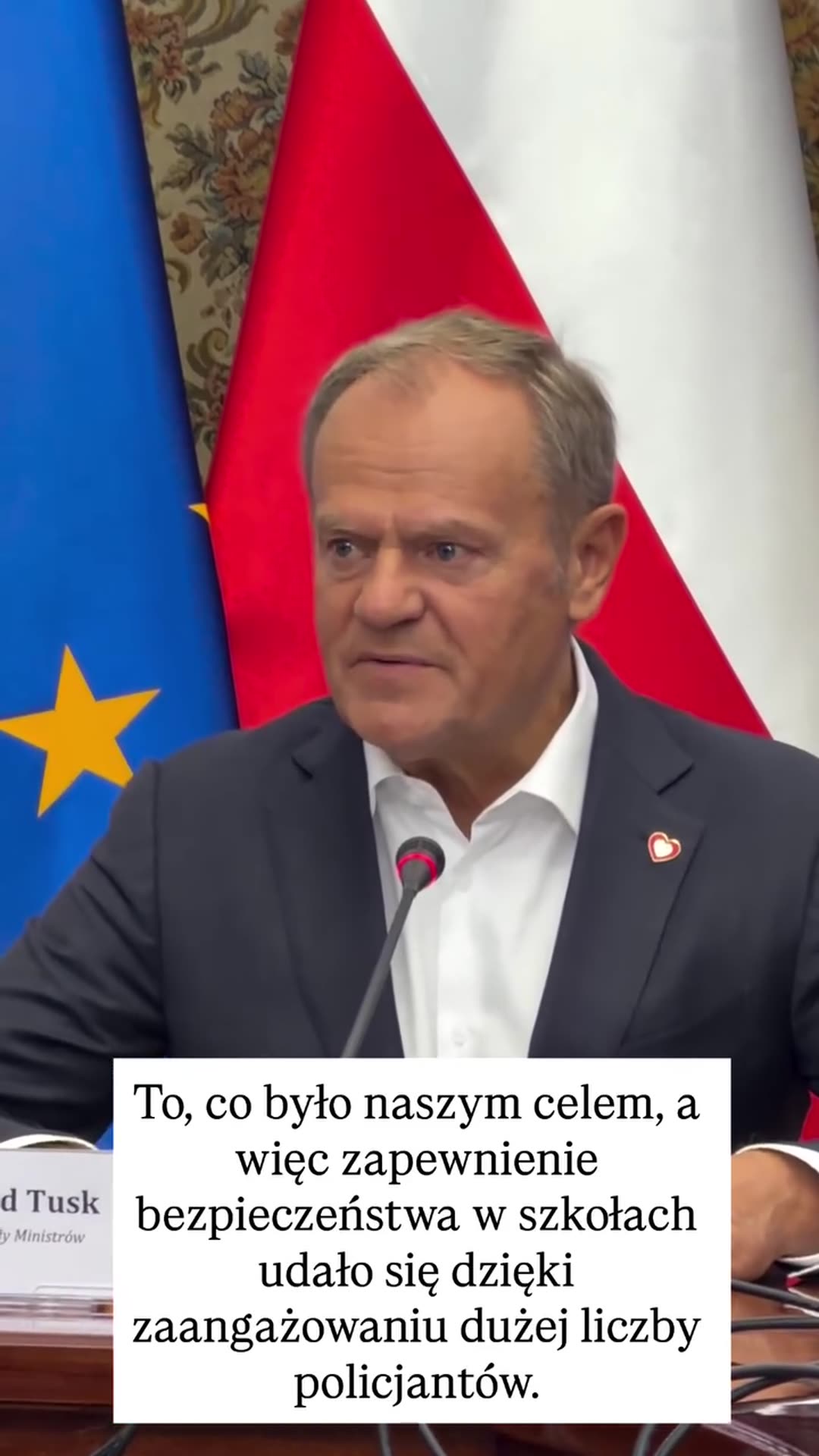 A reshared story shows Polish Prime Minister Donald Tusk speaking at a government meeting about school safety. A Polish subtitle says the goal of ensuring safety in schools was achieved thanks to the involvement of a large number of police officers.