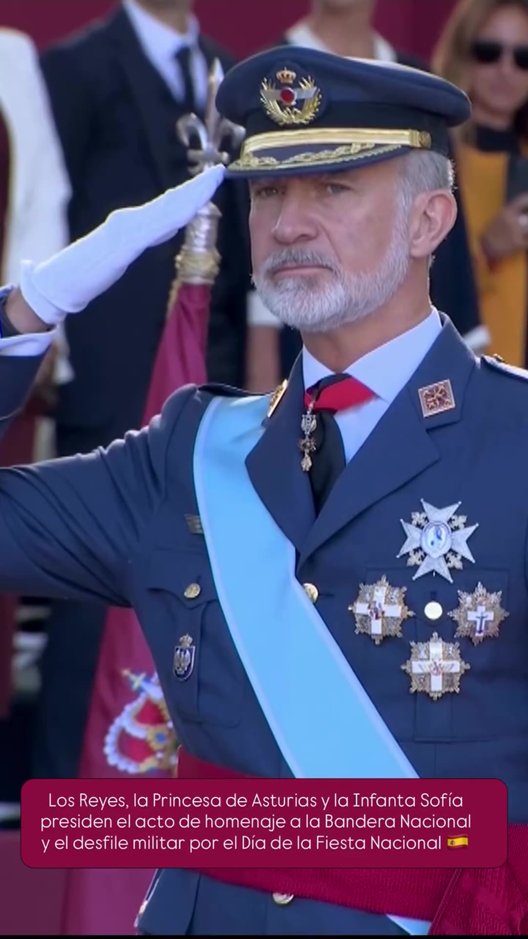 A reshared Casa Real video showing the Spanish royals at the National Day homage to the flag and military parade, with salutes, crowds, paratroopers carrying the flag, the honour guard and the flag being raised.