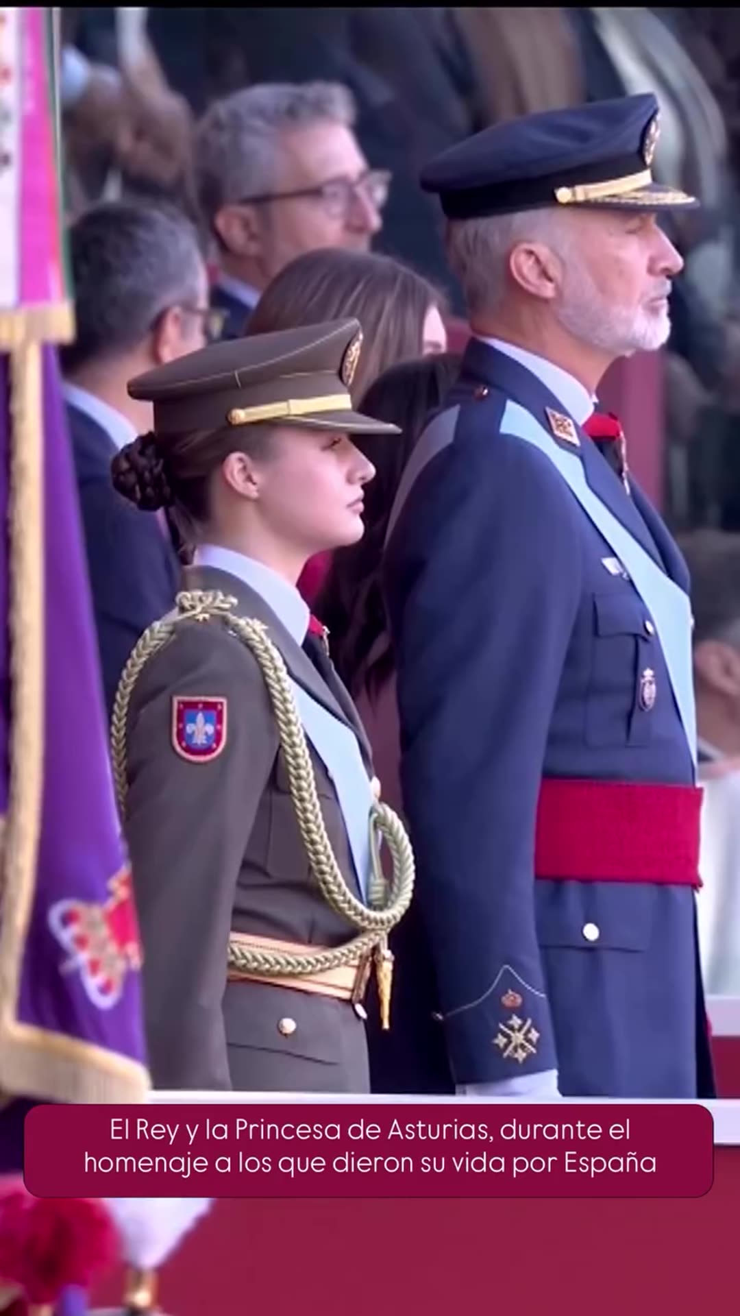 A reshared video from the Spanish Royal Household shows the King and the Princess of Asturias at the homage to those who gave their lives for Spain during the National Day parade. It includes the laurel wreath being laid, salutes, marching troops and an aerobatic flypast.
