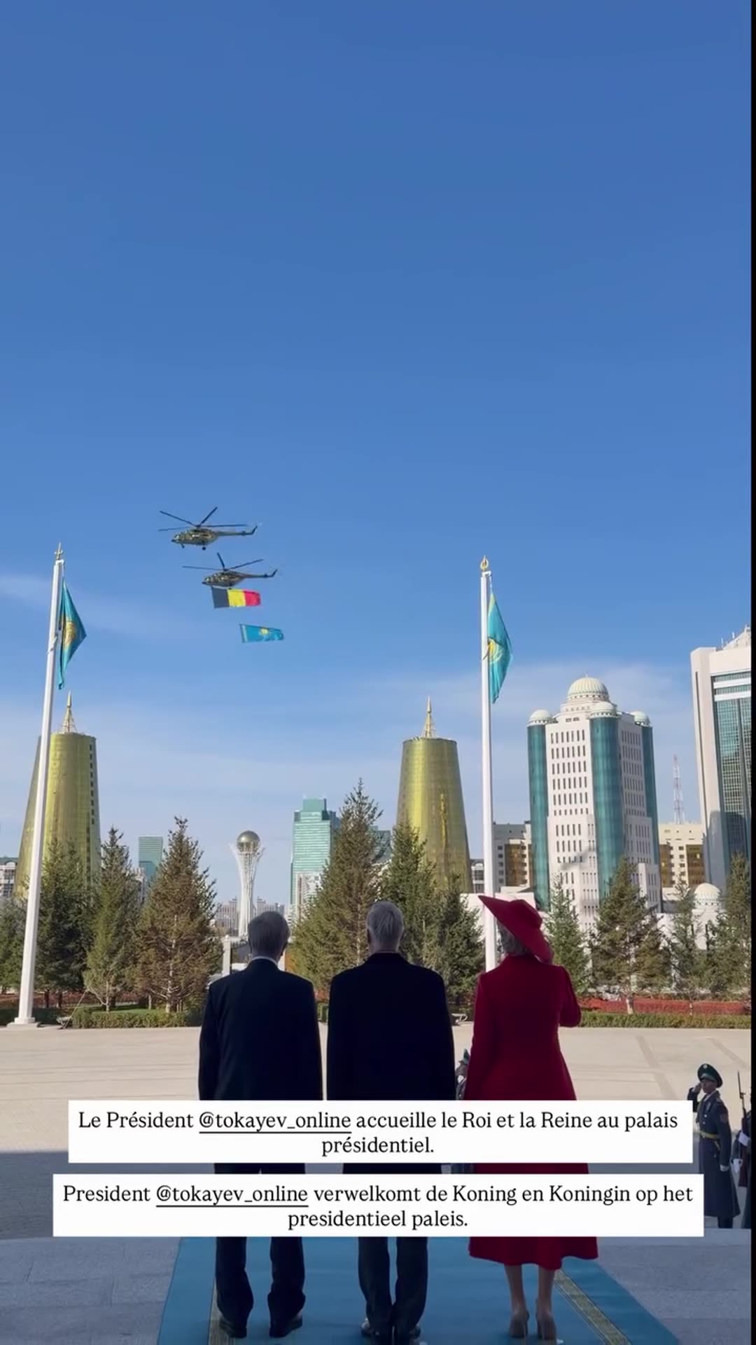 A reshared video from the Belgian Royal Palace shows the Kazakh president welcoming the Belgian King and Queen at the presidential palace. Helicopters fly past with Belgian and Kazakh flags, the King greets officials, and an honour guard ceremony takes place inside a chandeliered hall.