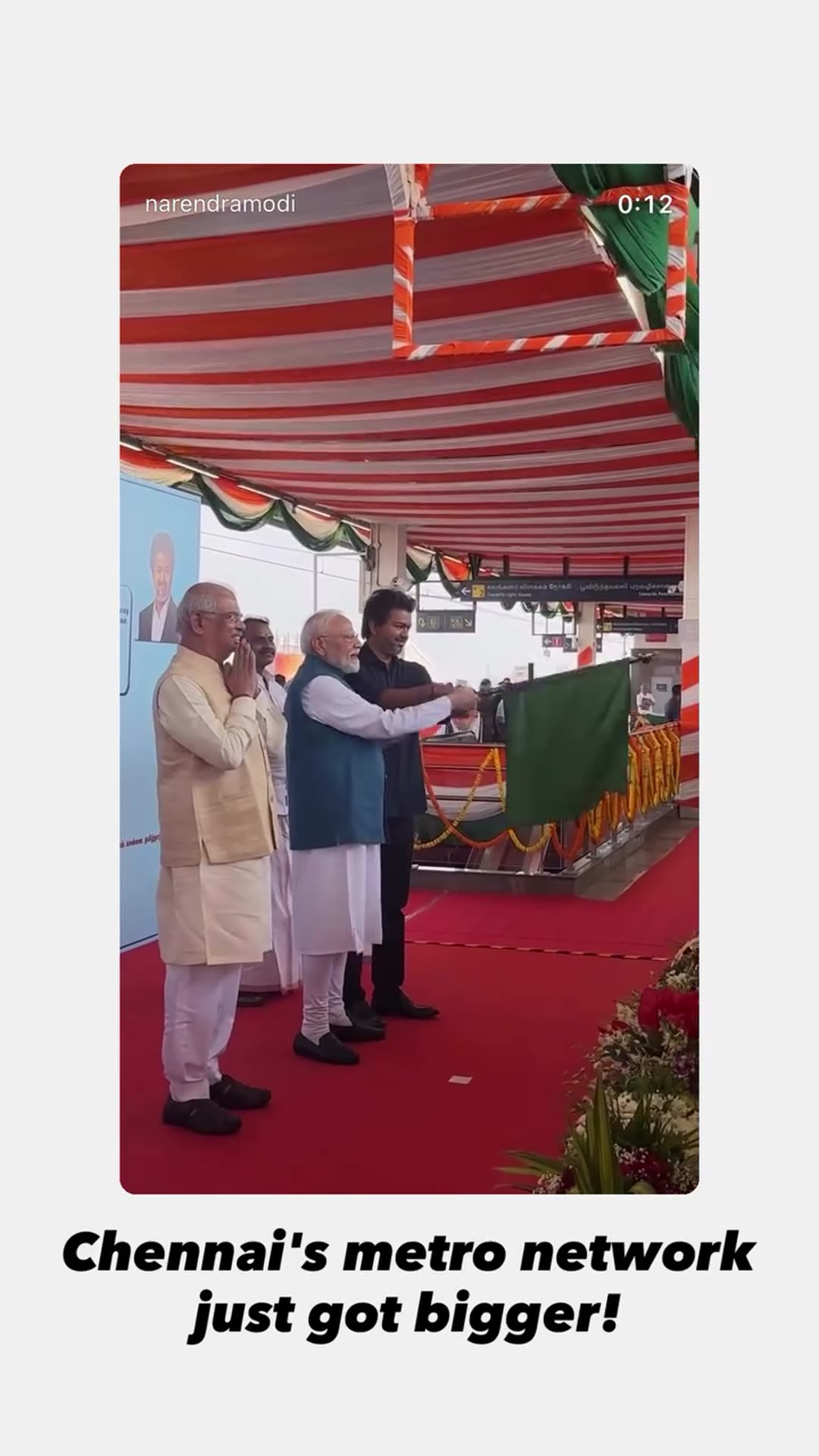 A reshared story from Narendra Modi's account shows officials flagging off a driverless metro train on a decorated elevated Chennai platform, under the text 'Chennai's metro network just got bigger!'.