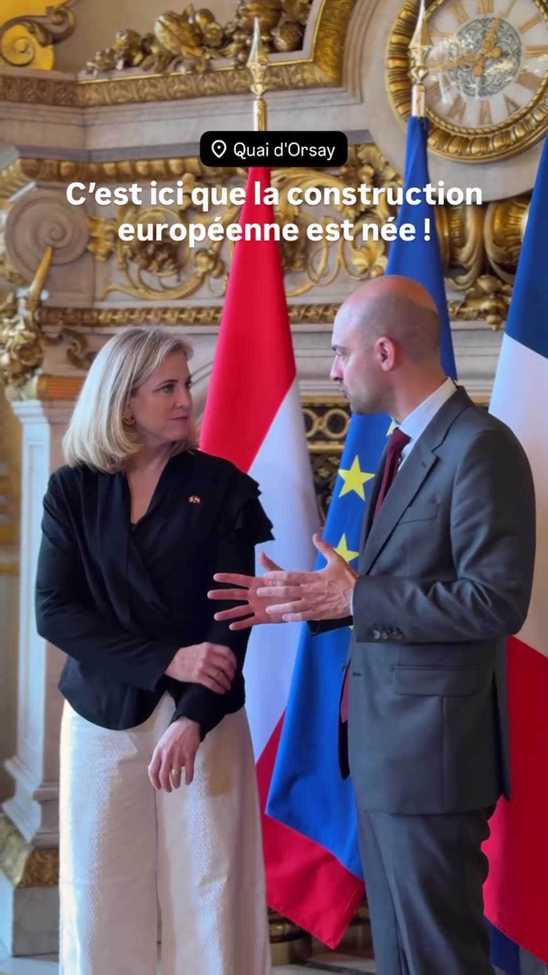 A reshared story shows a man guiding a woman through the gilded reception rooms at the Quai d'Orsay. The overlay reads 'C'est ici que la construction européenne est née !' (European construction was born here).