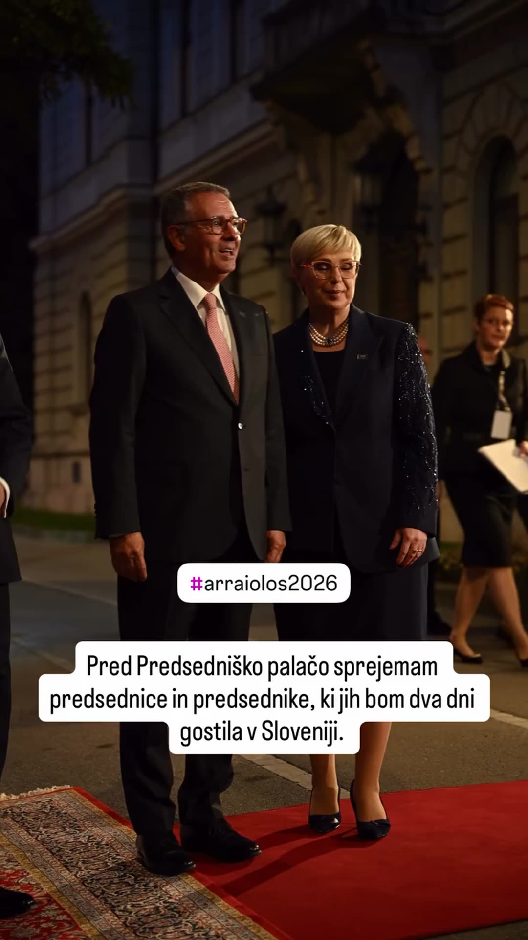 A reshared story shows the host welcoming presidents and other guests on a red carpet in front of the Presidential Palace at night, as they arrive in black cars, greet her and pose for photographers.
