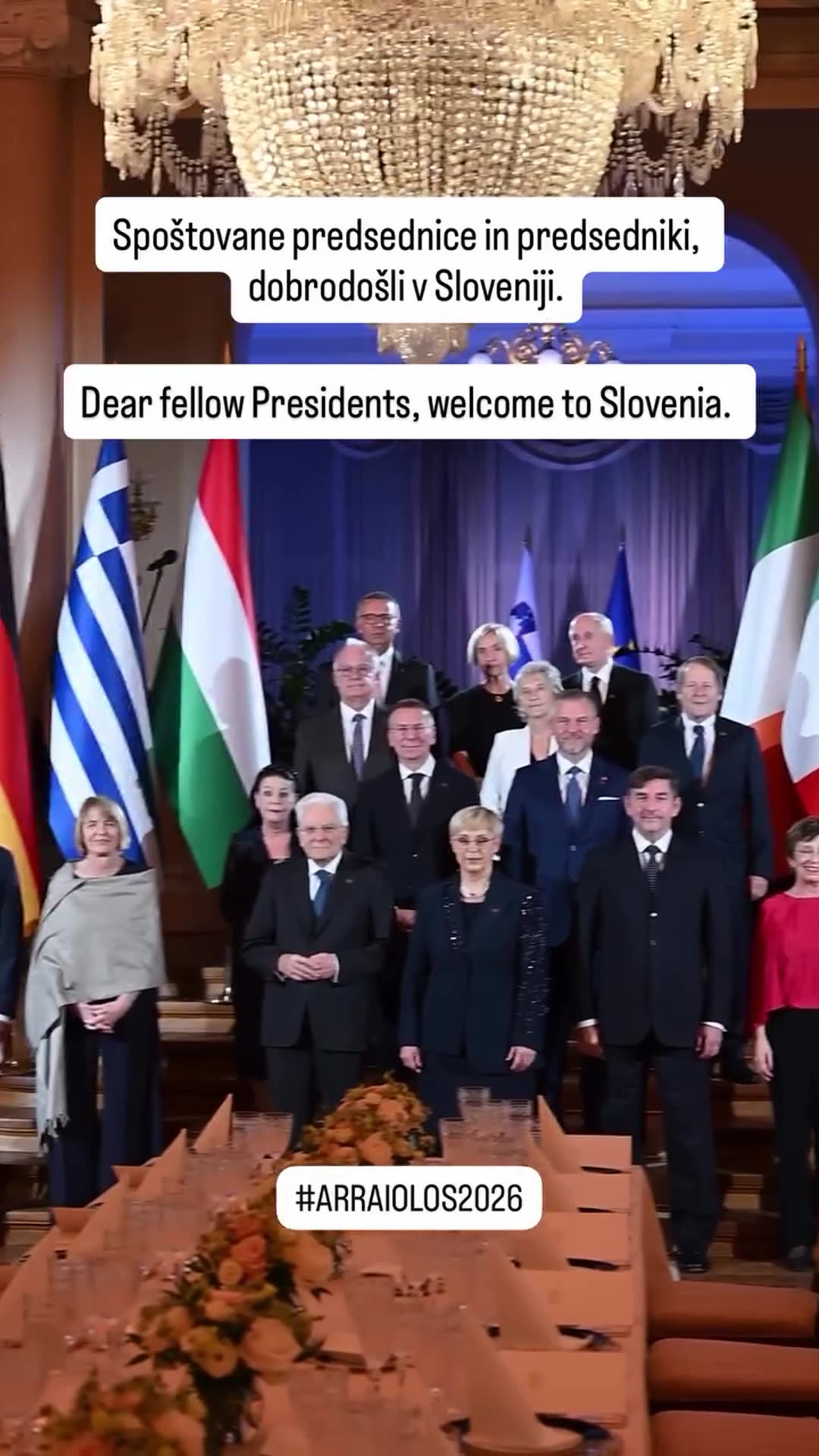 A story reshares a video of the official group photo of presidents at the Arraiolos 2026 meeting in Slovenia. The video slowly zooms in on the group, with an on-screen welcome in Slovenian and English.