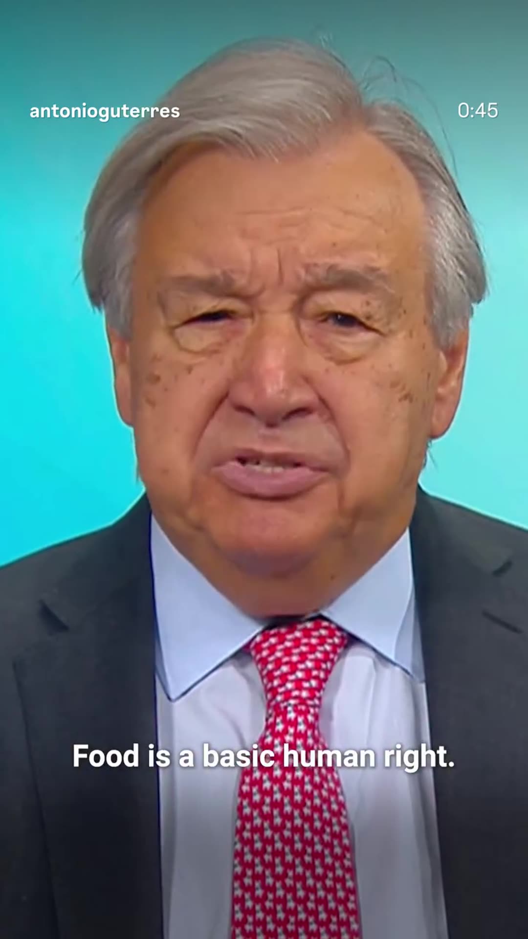 A story reshares António Guterres's reel calling food a basic human right, citing 645 million people facing hunger and 2.7 billion unable to afford a healthy diet. It uses footage from UN agencies and a closing UN logo. The story has Portuguese-language audio, and the original reel is also attached.