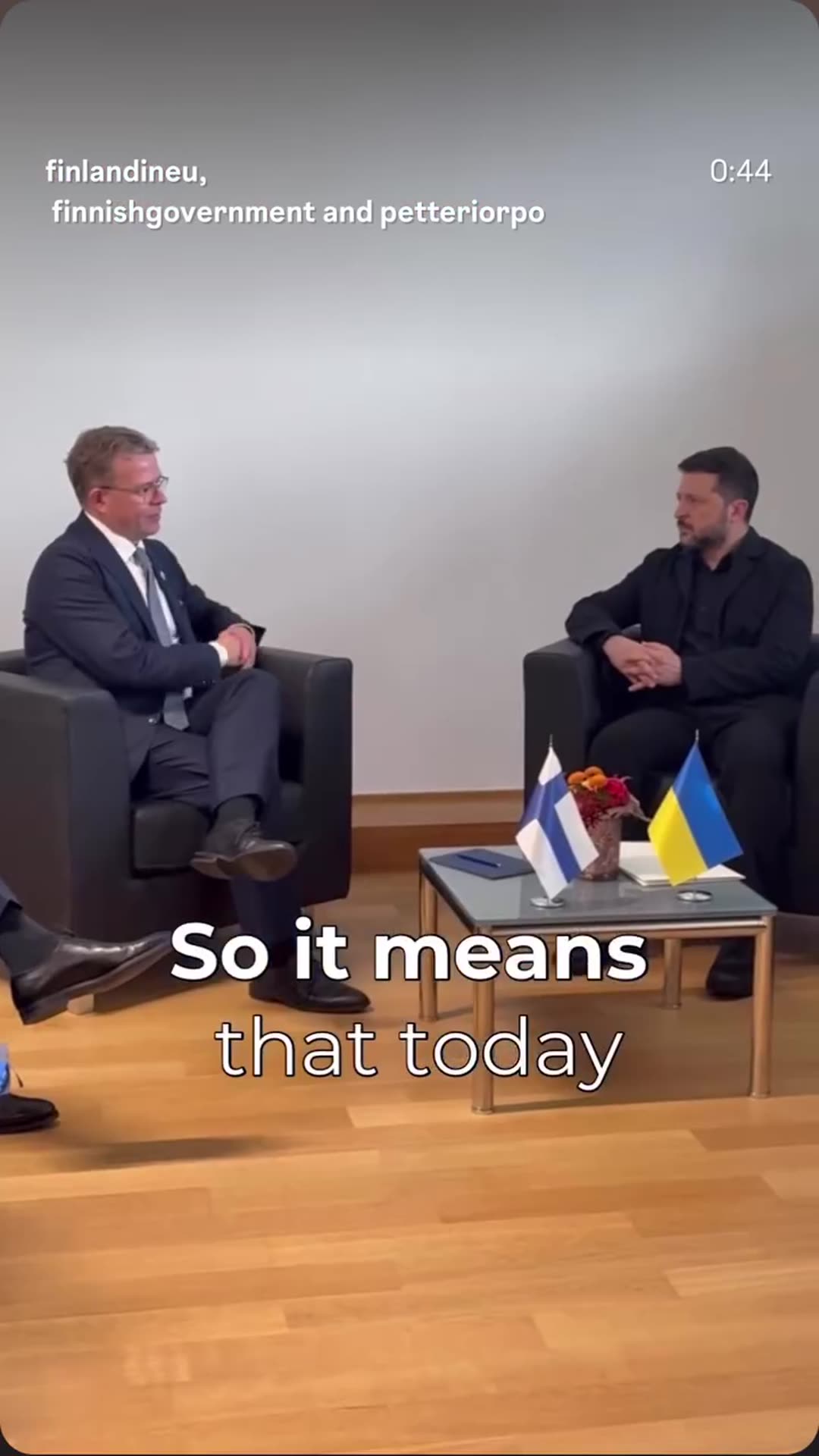 A story reshares a reel from the Finnish EU representation. It shows Prime Minister Petteri Orpo greeting Zelensky and meeting him at the European Council. In a doorstep statement he calls for financing Ukraine through next winter and for stopping tourist visas to Russians.