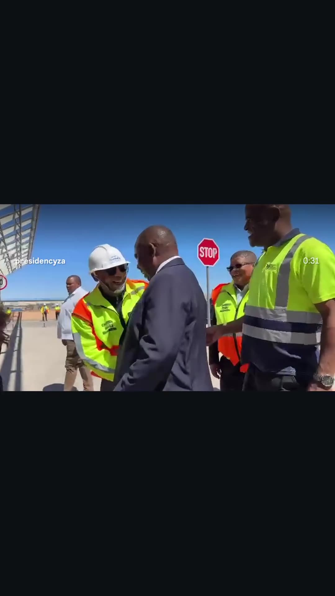 A story reshares The Presidency's reel of the South African president arriving at the Gamsberg Mine and being greeted by workers and company representatives ahead of the Vedanta Zinc International Gamsberg Phase II expansion inauguration. A short clip of the same moment is placed over the reshared…