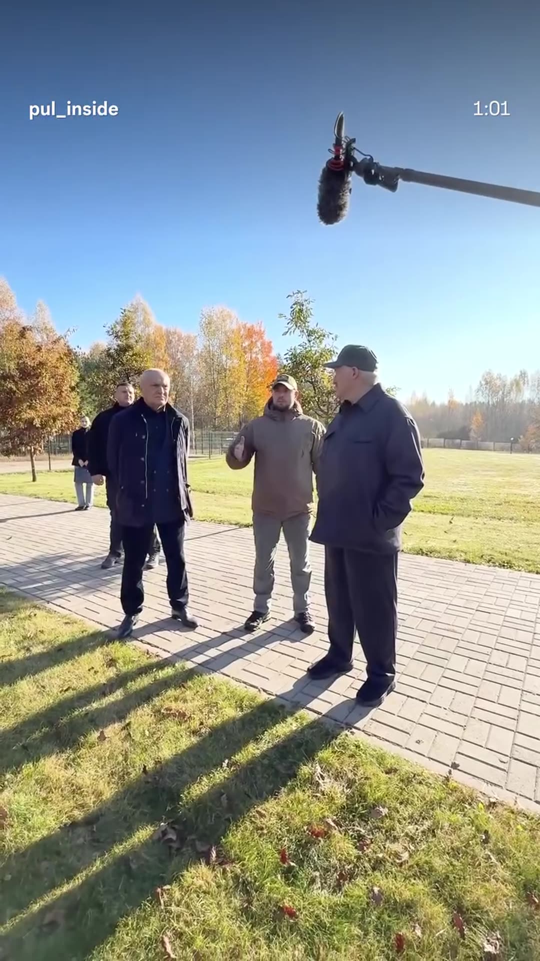 A story reshares a pul_inside reel in which a leader visits a hunting estate's newly formed people's militia of 26 people. He asks about its makeup and says each village council should have such a unit as a core, with weapons being a matter for the military.