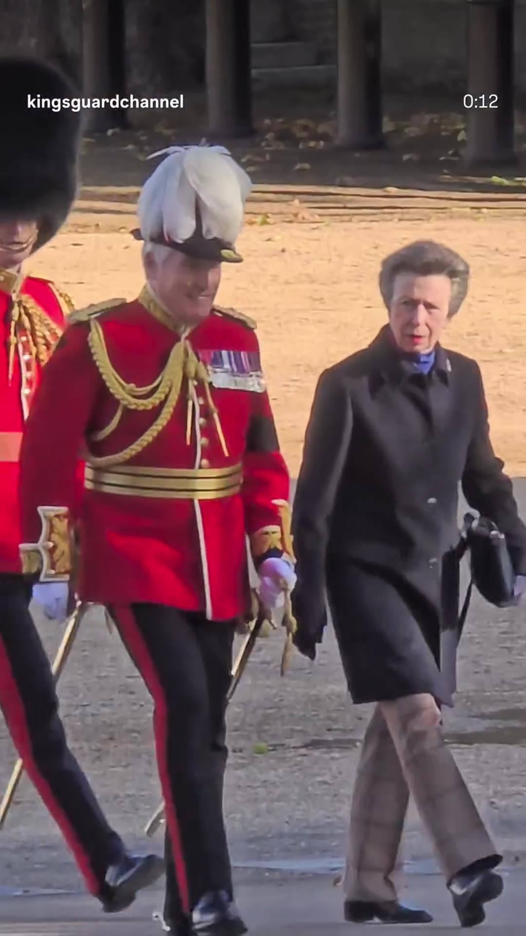 A story reshares a kingsguardchannel reel showing Princess Anne walking with military officers and guardsmen at the Household Cavalry's Centenary Dedication of the Guards Memorial at Horse Guards Parade.