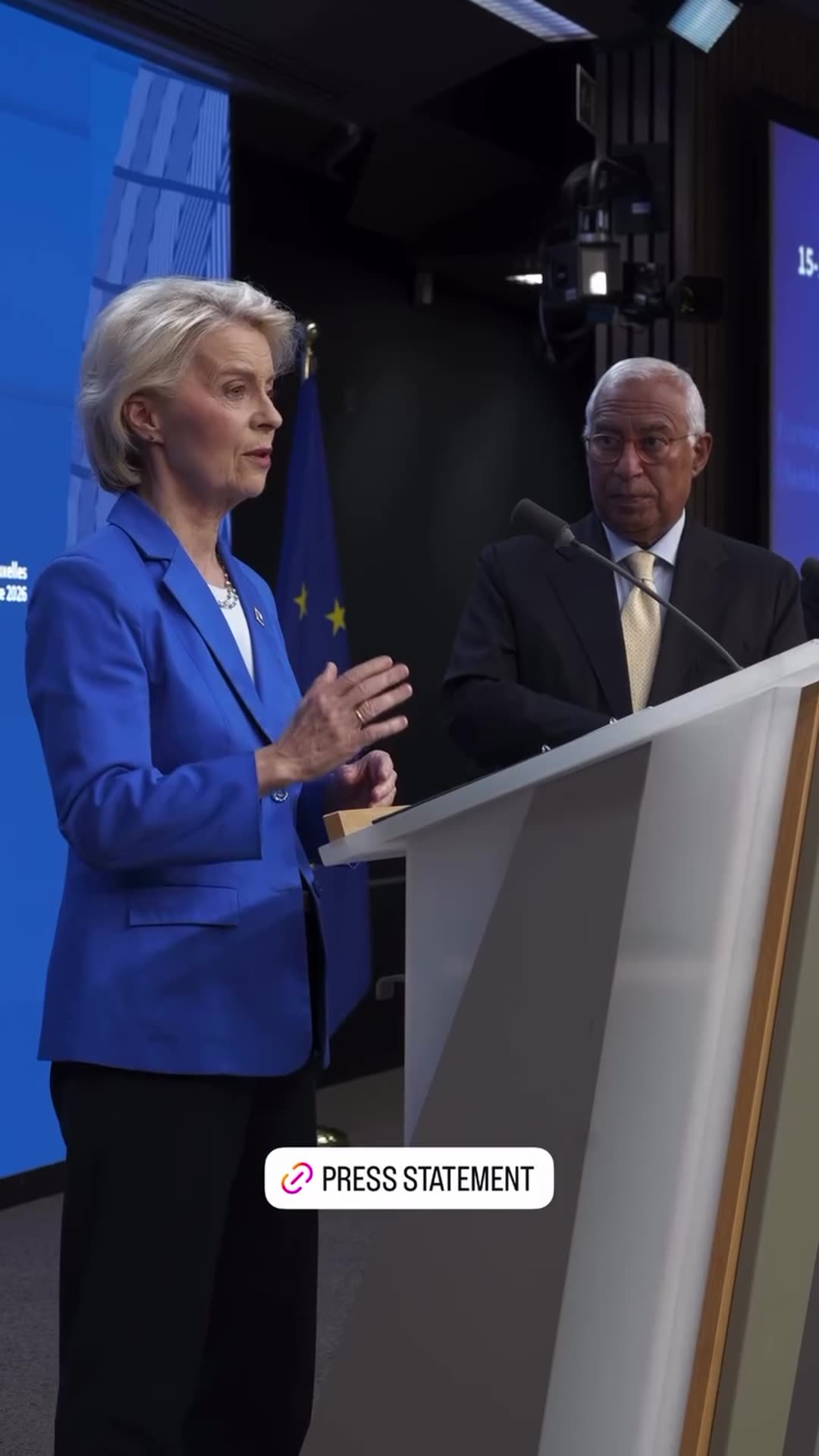 A story reshares Ursula von der Leyen's video of a press statement at the European Council summit in Brussels. It shows her walking into the press room with another official and speaking at a podium, with the audience seen from the back. The speech mentions a task force, a transition built on three…