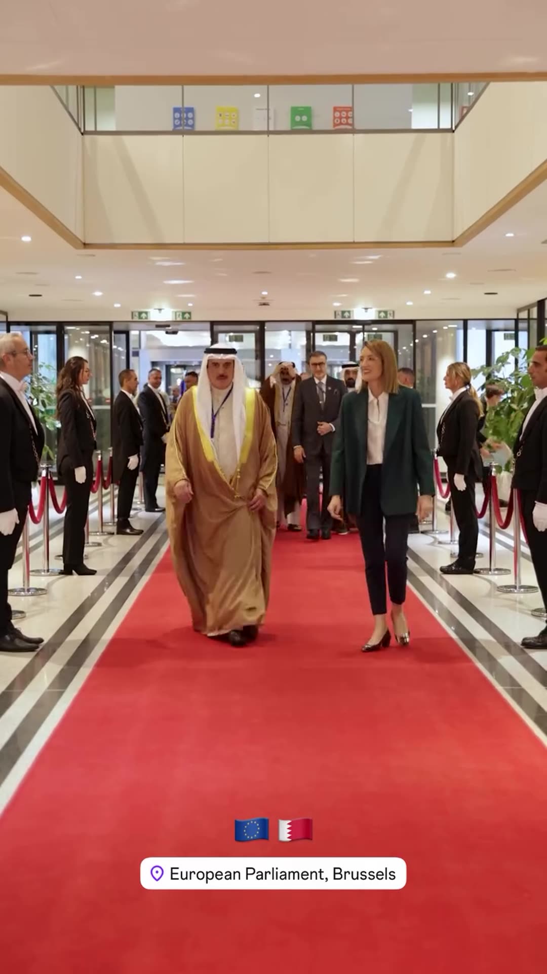 A story reshares a short video of a Gulf delegate being welcomed on a red carpet at the European Parliament and shaking hands in front of a conference backdrop for the European Parliament and Gulf Cooperation Council speakers' conference.