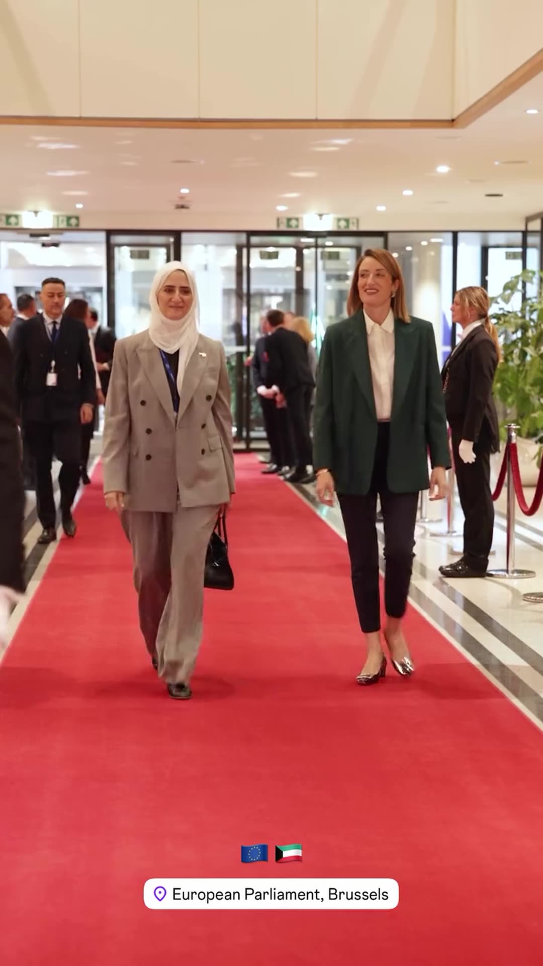 A reshared story shows a delegate being greeted outside the European Parliament in Brussels, walking down a red carpet and shaking hands again in front of the EU–GCC speakers' conference backdrop.