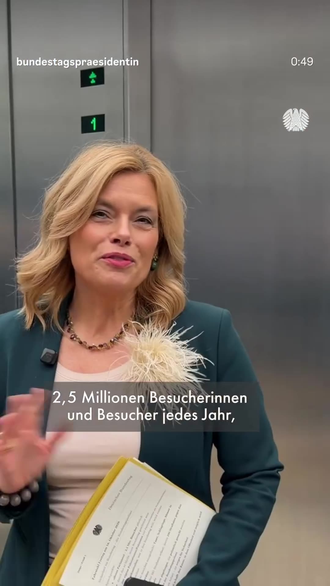 A reshared Bundestag President video thanking the Bundestag police and entrance security staff, explaining the visitor screening and showing confiscated items such as a taser, brass knuckles and knives hidden in pens.