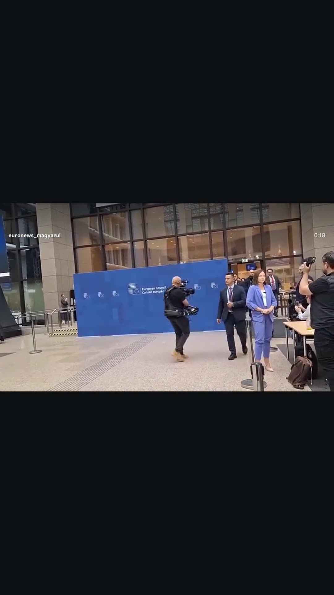 A story reshares a Euronews Magyarul reel from the European Council in Brussels. Cameras and security staff follow delegates through the hall, and Zelensky passes by. The original caption says Zelensky called the meeting with Hungarian PM Péter Magyar "a good meeting".