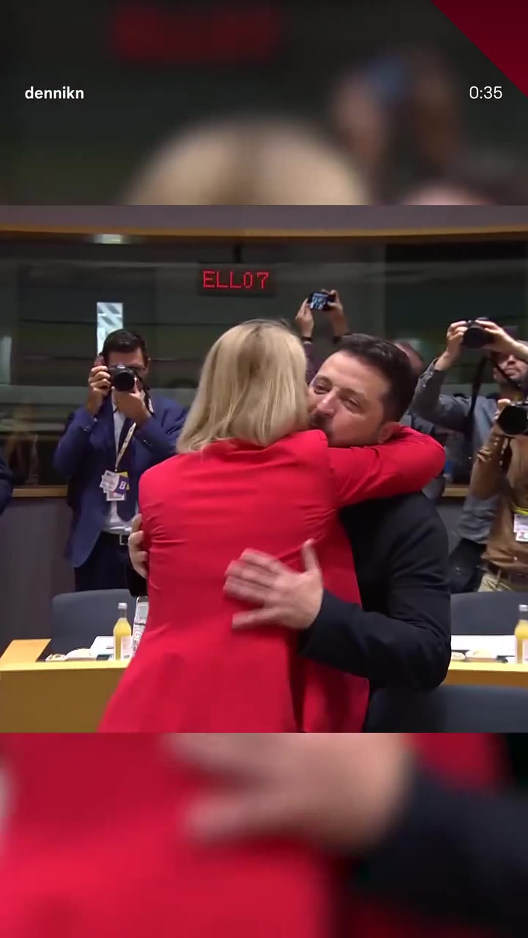 A story reshares a Denník N reel showing Zelensky being greeted by EU leaders at the European Council in Brussels. The headline says Fico, Babiš and Magyar greeted him with restraint, while he hugged most of the others. The video ends with a call to read the full text via the link in Denník N's pro…