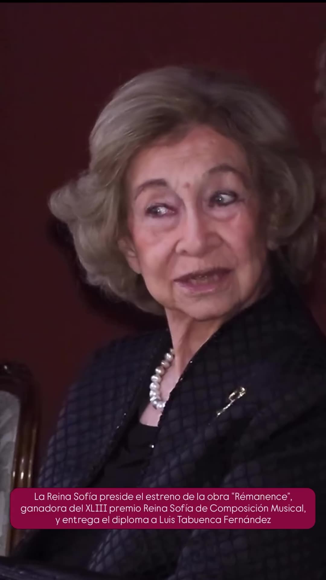 A reshared Spanish Royal House video showing Queen Sofía presiding over the premiere of the work 'Rémanence' at a concert and presenting the diploma of the XLIII Reina Sofía Prize for Musical Composition.