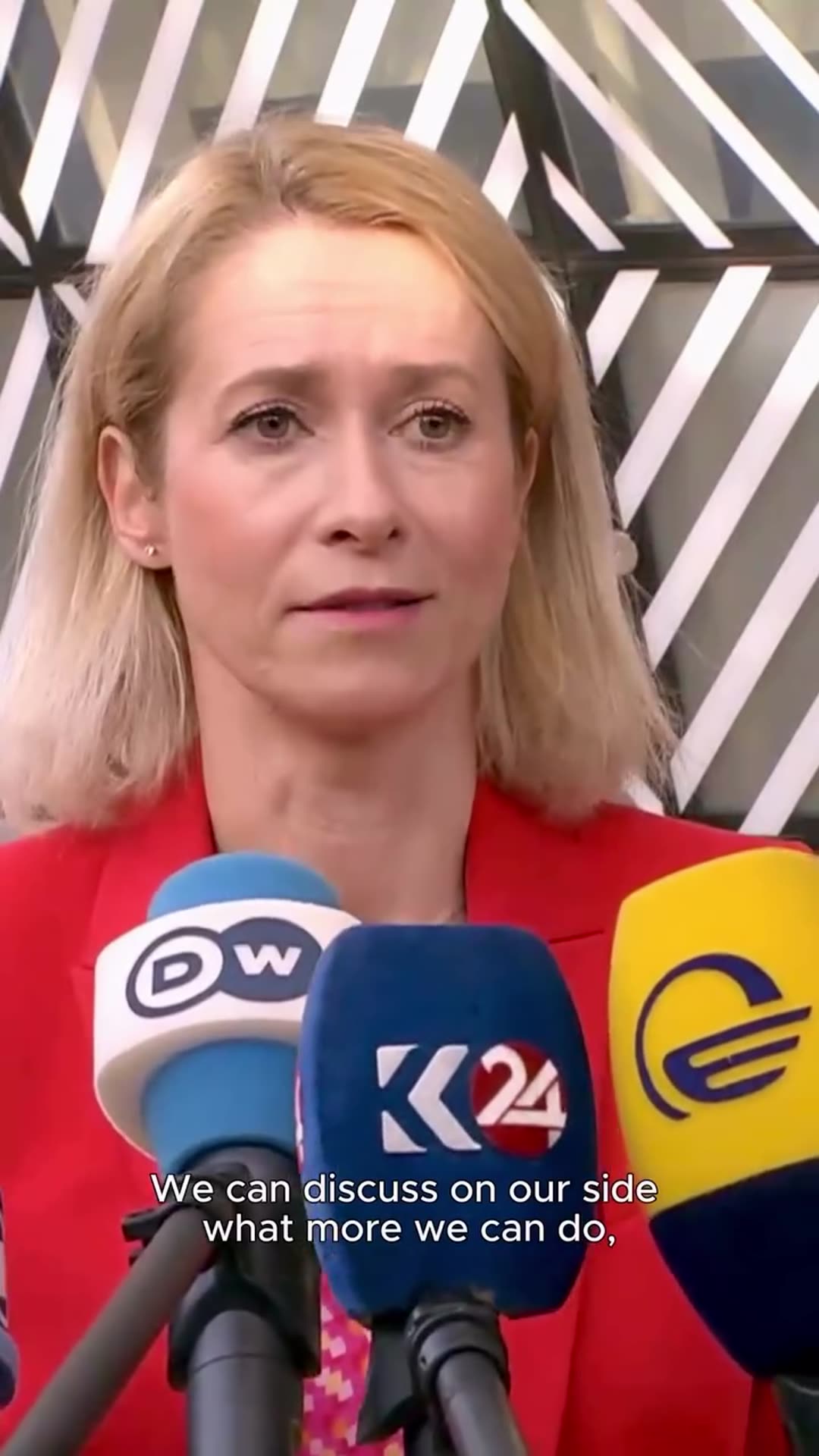 A story reshares a video of Kaja Kallas speaking to reporters about the grave situation in Ukraine, the need to help Ukraine through winter and with air defence, and new sanctions pressure on Russia.