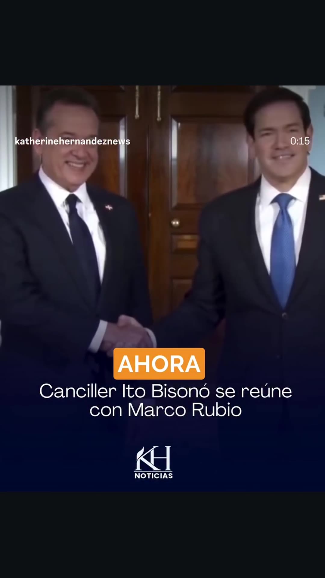 A story reshares a Katherine Hernández news reel showing Dominican Foreign Minister Ito Bisonó being received by US Secretary of State Marco Rubio, walking in between the flags, shaking hands and entering a meeting room.