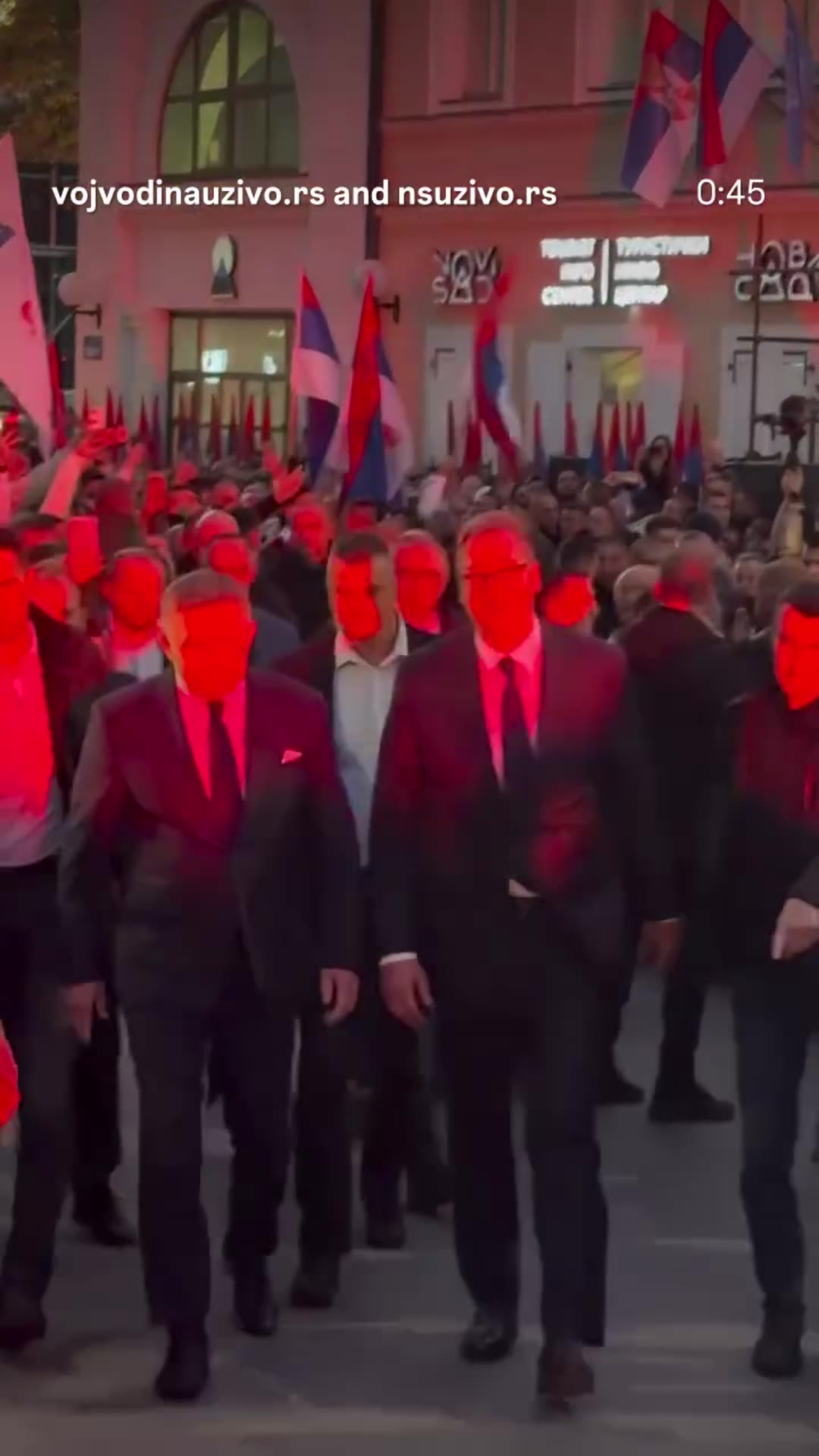 A story reshares a Vojvodina Uživo reel showing Aleksandar Vučić and Slovak PM Robert Fico arriving at the 'Ujedinjena Srbija' pre-election rally on Trg slobode in Novi Sad, with a cheering crowd, flags and red flares.