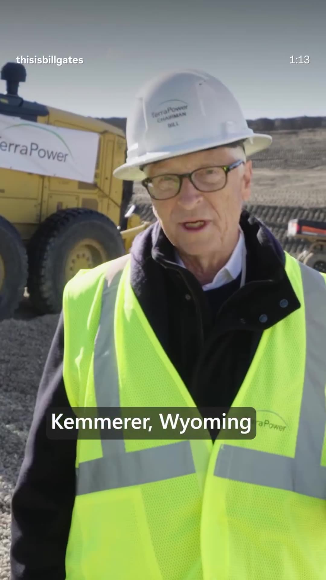 A story reshares Bill Gates's reel from the TerraPower Natrium nuclear reactor construction site in Kemmerer, Wyoming. He describes a site visit by three governors, three senators and Department of Energy staff, and explains the reactor's design and safety.