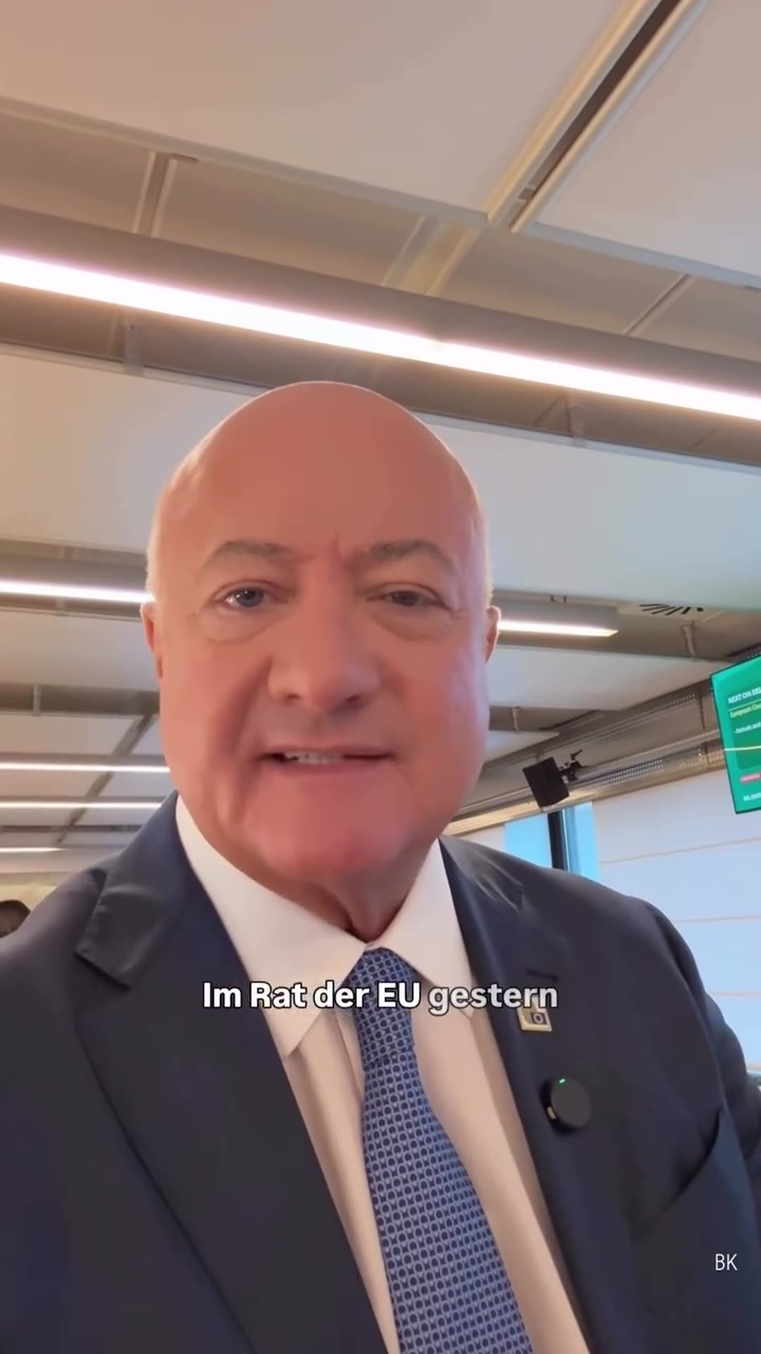 A story reshares a selfie video by @_stocker.christian, recorded in a café, reporting on the previous night's EU Council negotiations. He says talks ran until 11:30 pm and focused on the EU budget. He calls the proposed 49 percent increase too high and says he will not accept it. He adds that the E…