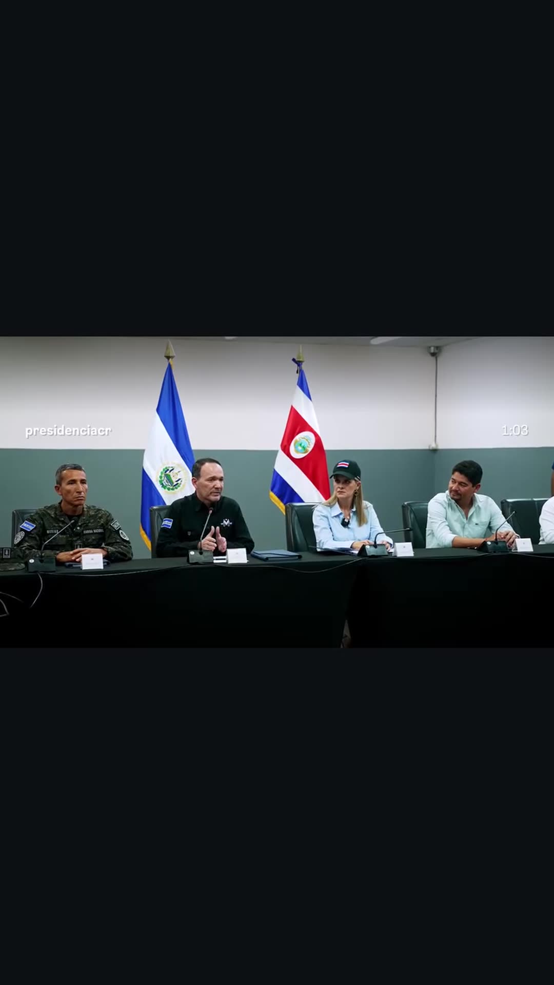 A story reshares the Costa Rican Presidency's reel of President Laura Fernández touring the CECOT prison in El Salvador. It shows her arrival by helicopter, a briefing, the armoury, the corridors and the crowded cells.