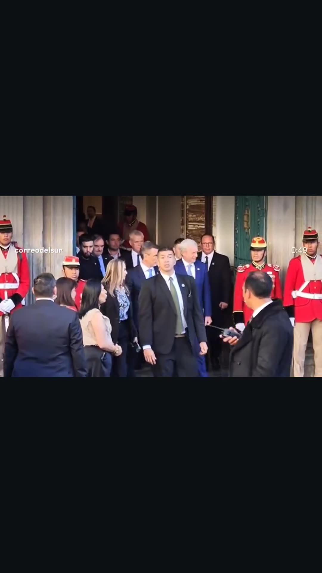 A story reshares a Correo del Sur reel showing Chile's delegation, led by President José Antonio Kast according to the caption, leaving the Government Palace in La Paz after a bilateral meeting with Bolivian authorities. The delegation walks past honour guards, some wave, and then they get into a m…