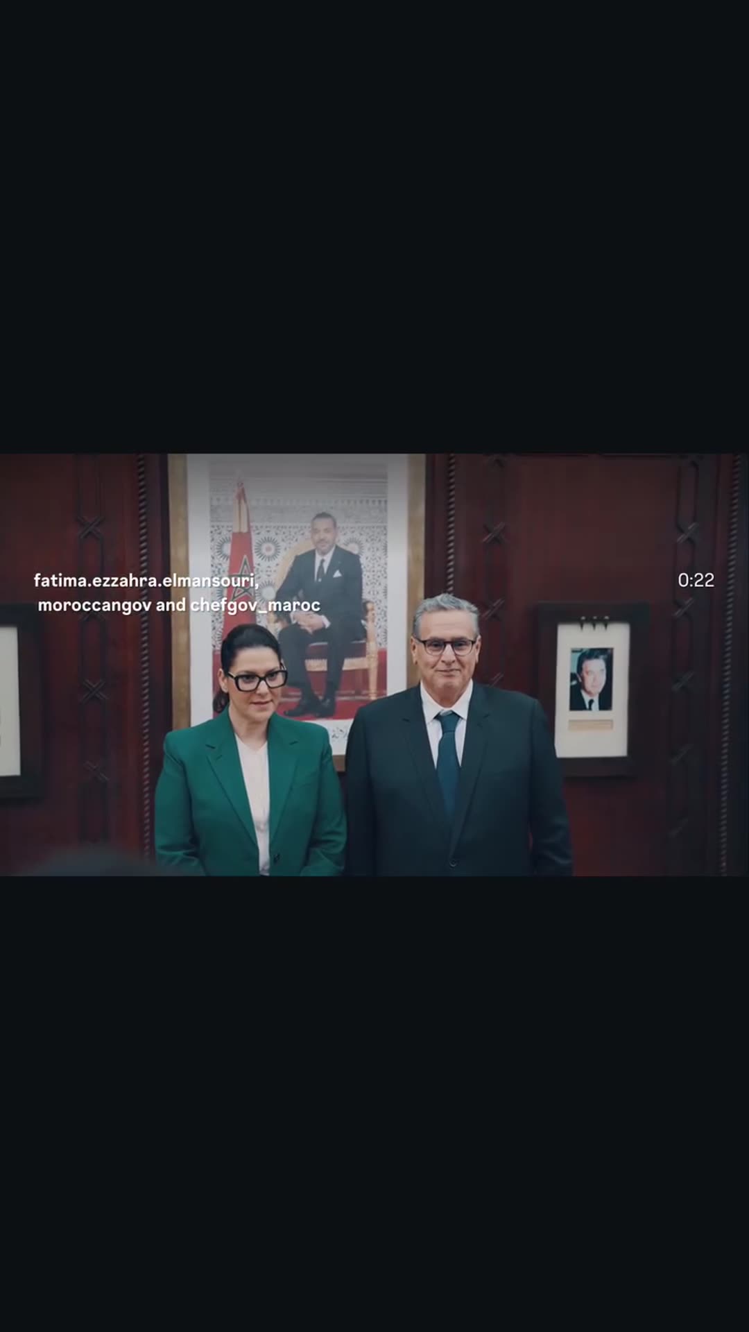 A reshared reel showing highlights of the handover ceremony between Fatima Ezzahra El Mansouri and Aziz Akhannouch: a handshake outside, walking up a staircase, a portrait photo, a sit-down talk, greeting staff, applause and a final handshake.