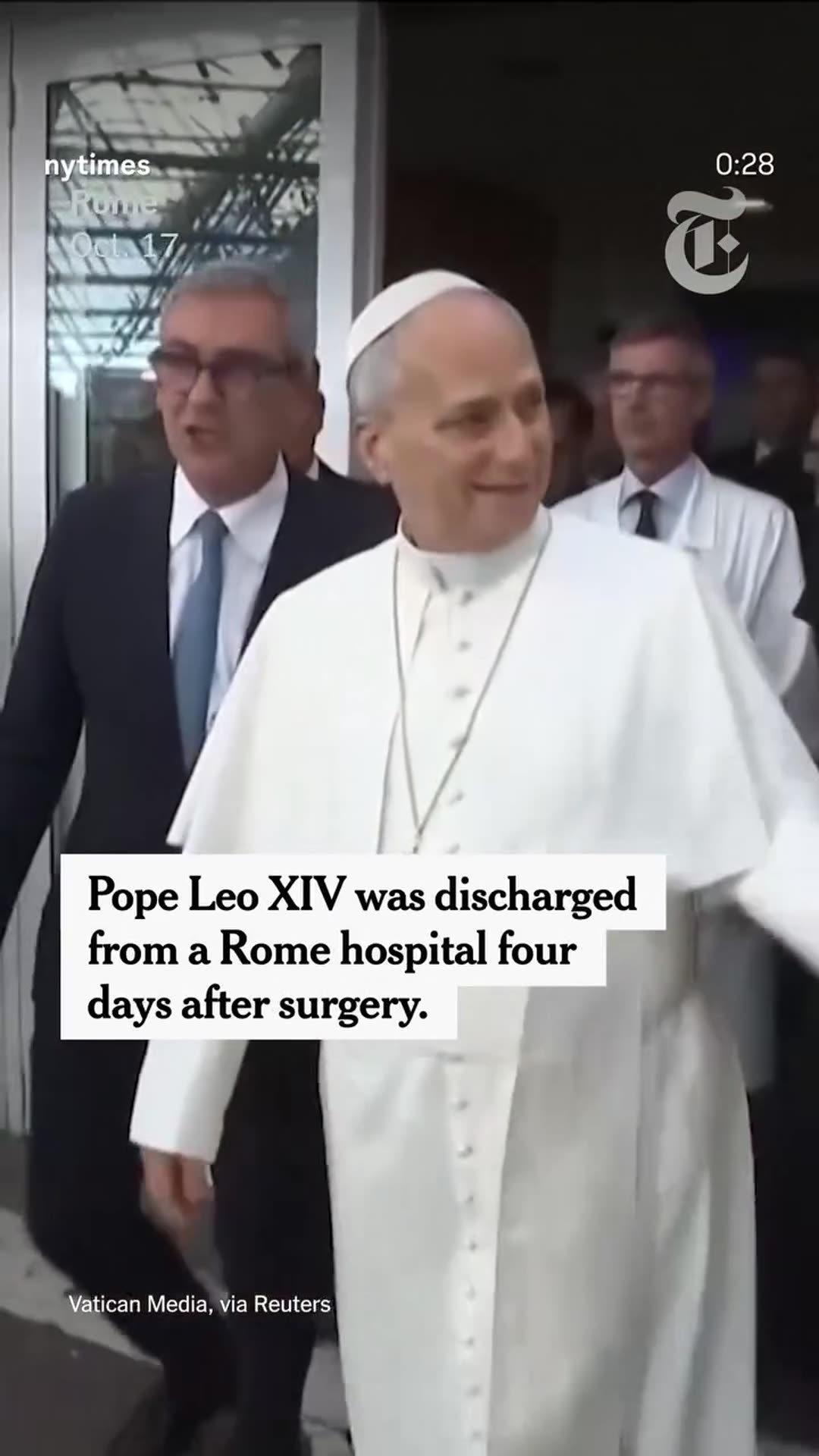 A story reshares a New York Times reel reporting that Pope Leo XIV was discharged from a Rome hospital after lung cancer surgery. Footage shows him walking out, greeting staff and crowds, and leaving by car.