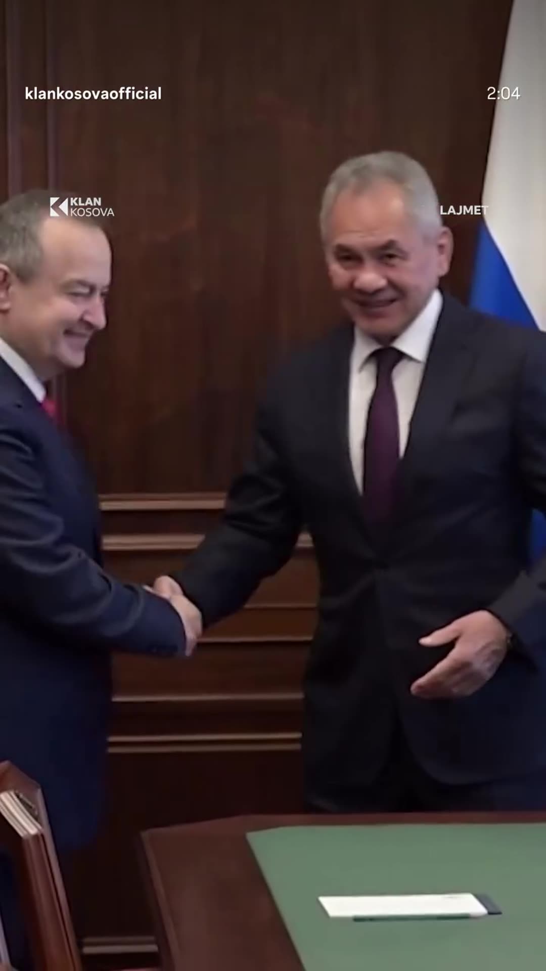 A story reshares a Klan Kosova reel reporting that Serbian politicians, including Ivica Dačić, met Russian officials in Moscow a week before Serbian elections, with an interviewee commenting on nationalist rhetoric against Kosovo and the Albanian electoral list.