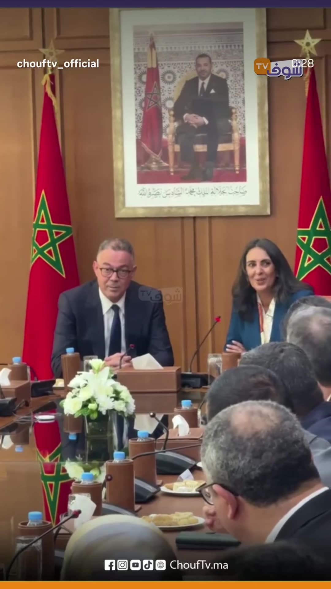 A story reshares a CHOUF TV reel of the handover of the Ministry of Economy and Finance portfolio from Nadia Fettah to Fouzi Lekjaa. Fettah gives a speech in French about pride and gratitude for her work in the outgoing government.