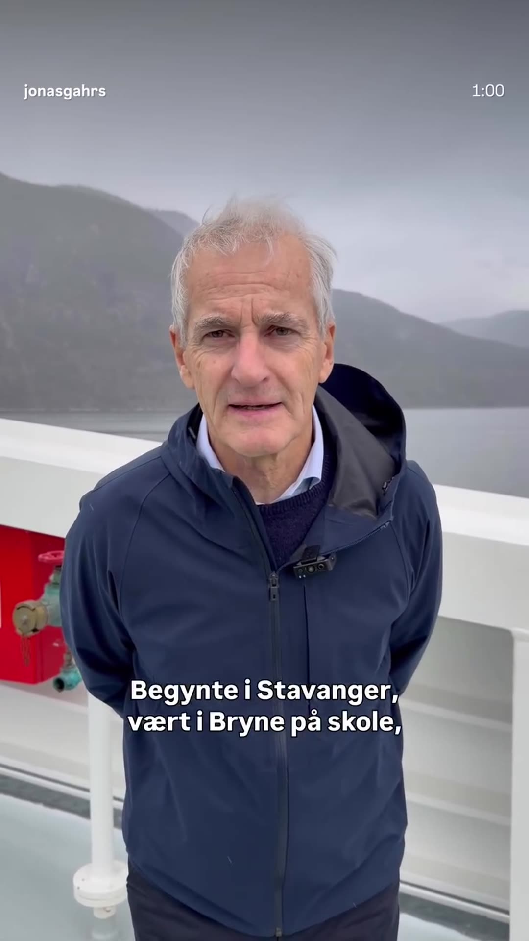A story reshares a reel by @jonasgahrs recapping a two-day trip in Norway: a school in Bryne, a family whisky producer, a dairy, the Home Guard in Sandnes, a public meeting in Stavanger, Hydro's aluminium plant in Årdal and the Sogn Vekst workplace, all told from a ferry to Sogndal.