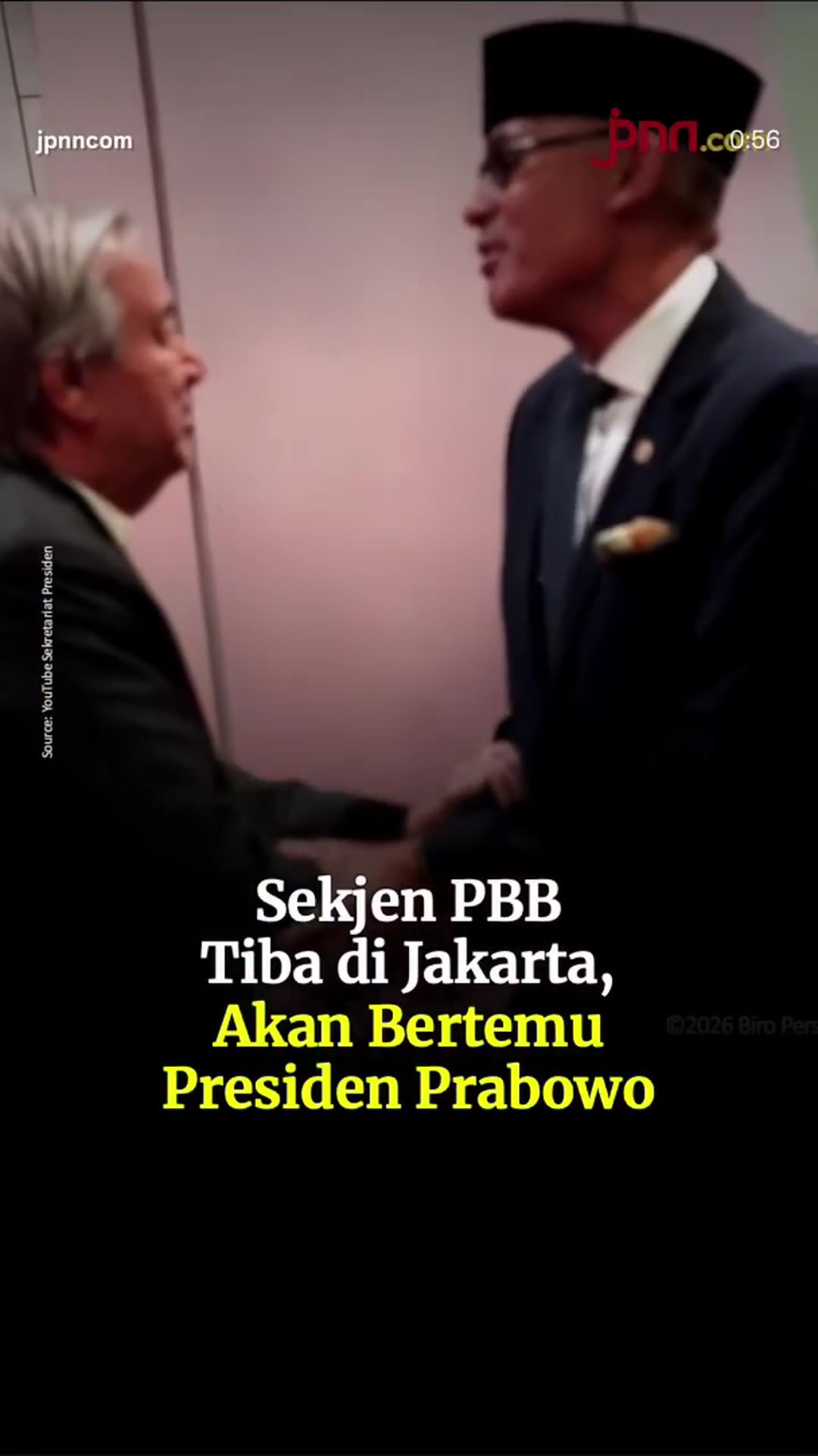A story reshares a JPNN.com reel showing UN Secretary-General António Guterres arriving in Jakarta, being greeted by Indonesian officials and escorted along a red carpet to a waiting car, ahead of a planned meeting with President Prabowo.