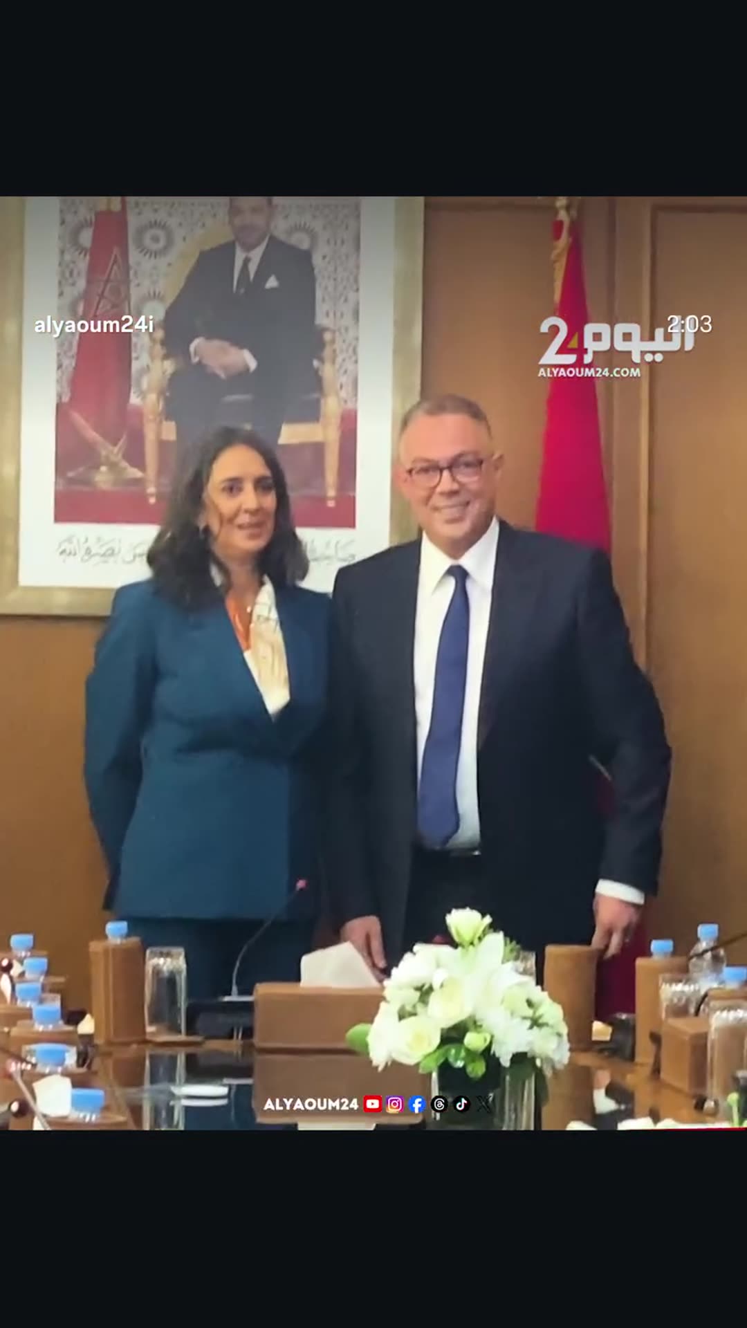 A story reshares an Alyaoum24 reel of a handover between ministers at the Moroccan Ministry of Economy and Finance. Nadia Fettah Alaoui congratulates Fouzi Lekjaa on the royal trust placed in him and praises his competence. The footage shows the applauded meeting, a posed photo, and her remarks to…