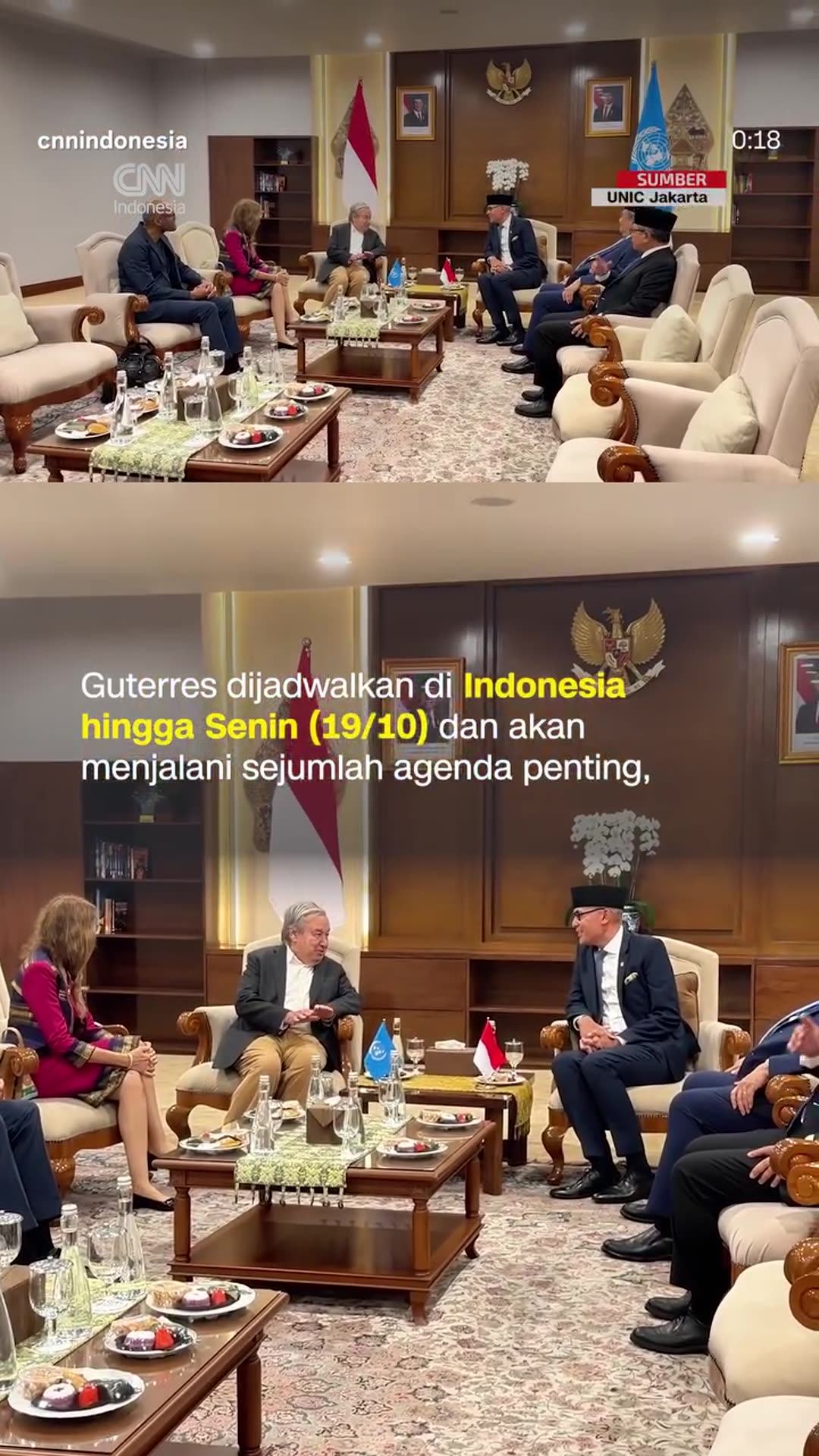 A story reshares a CNN Indonesia reel about UN Secretary-General António Guterres arriving at Soekarno-Hatta Airport on the evening of 17 October. He is welcomed by Foreign Minister Arrmanatha Christiawan Nasir and Indonesian officials, passes a guard of honour on a red carpet and sits down for tal…