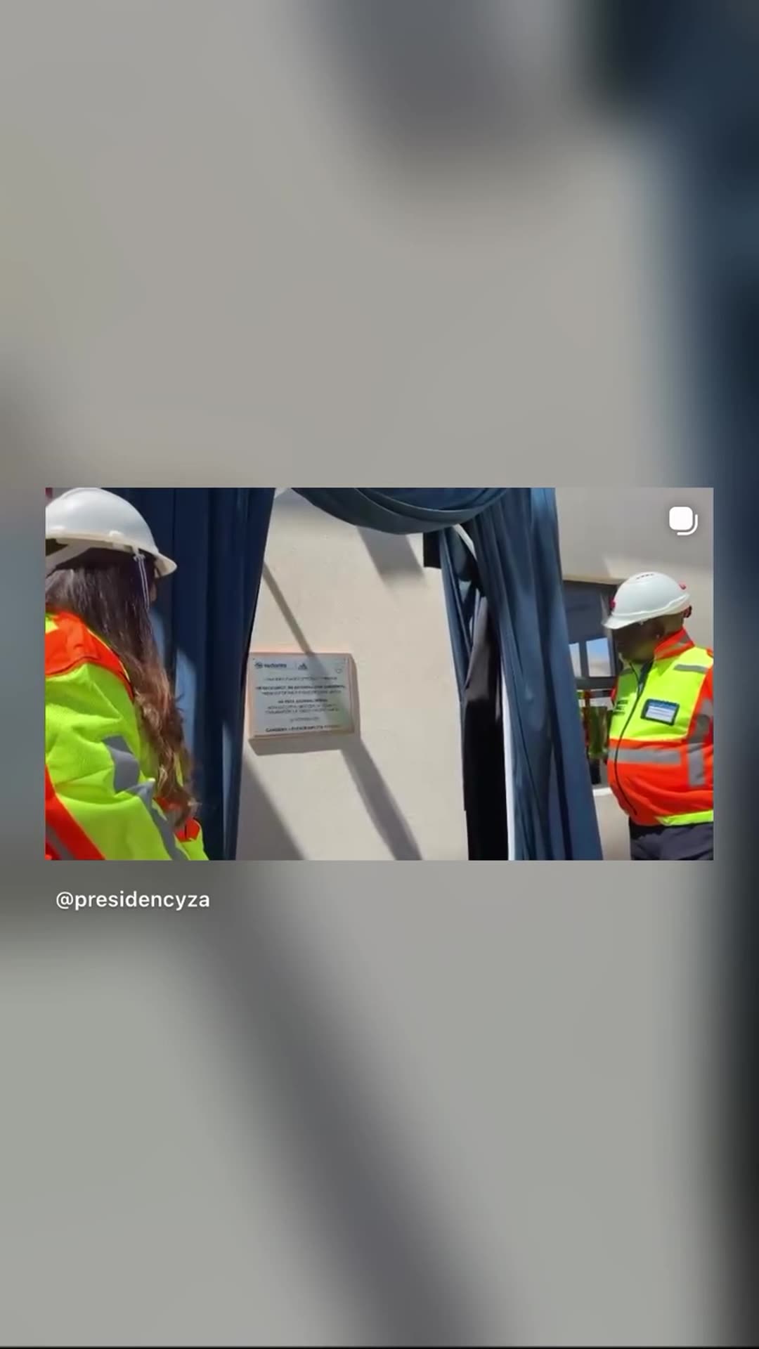 A story reshares a Presidency of South Africa video of the unveiling of the commemorative plaque for the Vedanta Zinc International Gamsberg Phase II expansion. The curtain is pulled back after a countdown, attendees applaud, and the group then moves to a ribbon-cutting.