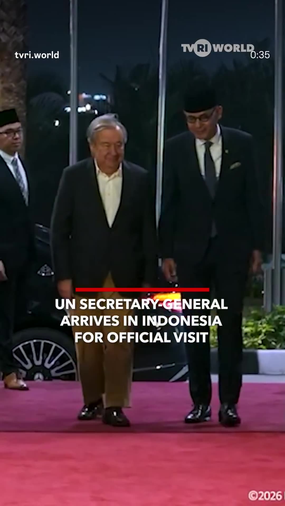 A story reshares a TVRI World reel showing UN Secretary-General António Guterres arriving in Indonesia on the night of October 17, 2026, welcomed on a red carpet by officials and honor guards, followed by his UN-plated Maybach and a police-escorted motorcade through Jakarta.