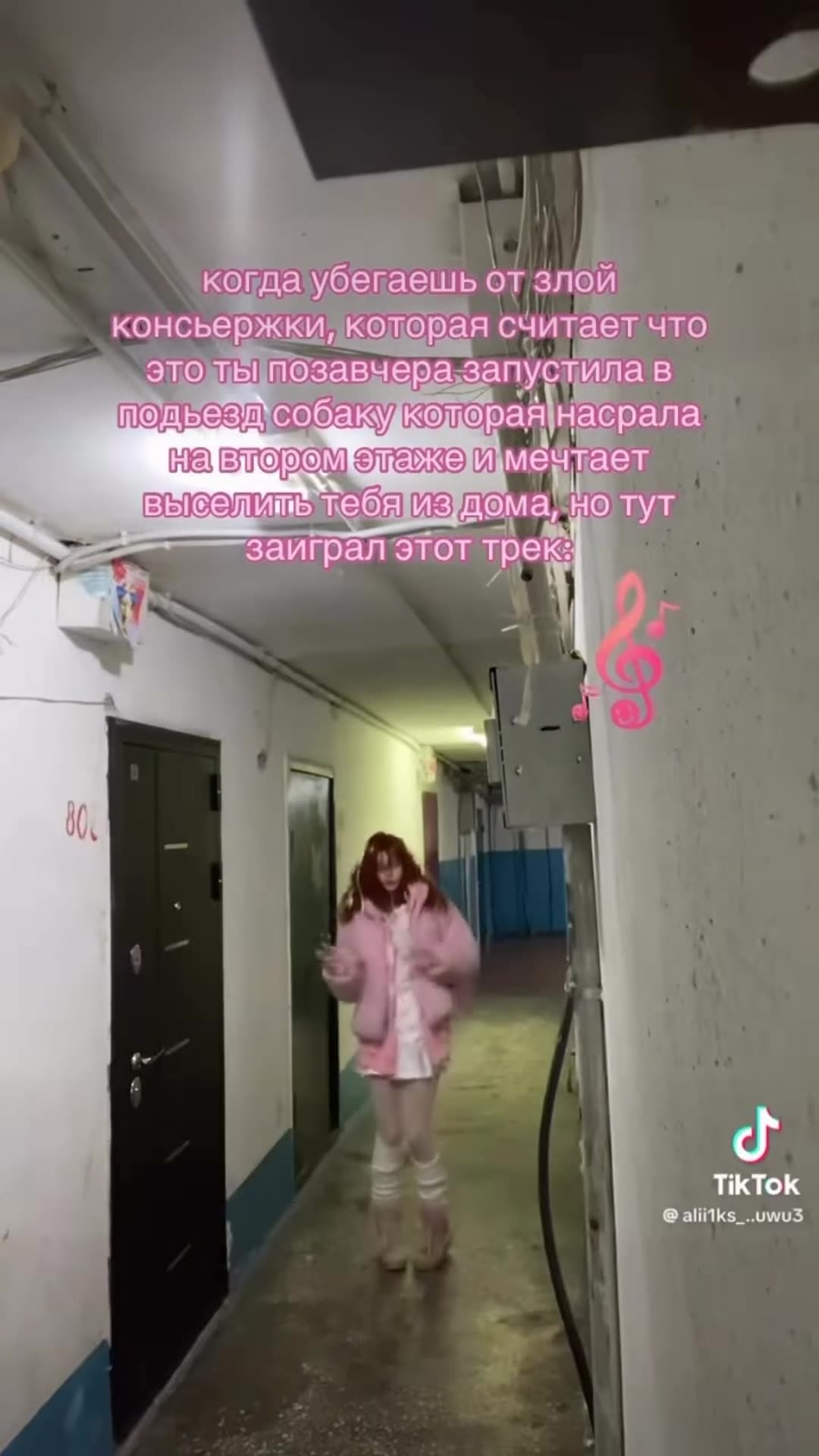 A story reshares a TikTok video by @alii1ks_..uwu3 in which a young woman in a pink jacket runs and dances along a shabby apartment-block corridor. The Russian text overlay jokes about fleeing an angry concierge who blames her for letting a dog into the entrance, until a favorite track starts playi…
