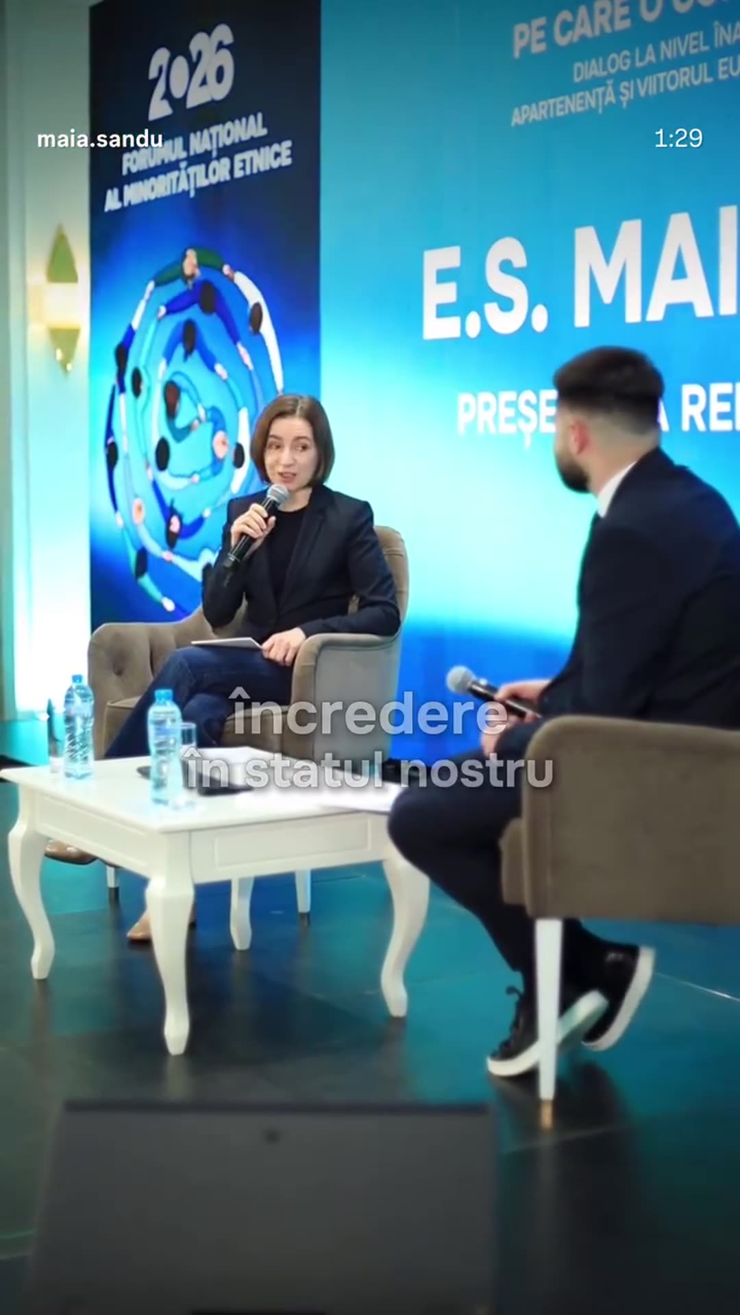 A story reshares Moldovan President Maia Sandu's reel about the 2026 National Forum of Ethnic Minorities, with her remarks on trust, peace and inclusion and short statements from participants.