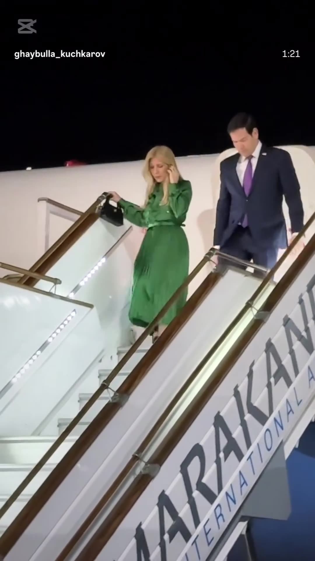 A story reshares a reel by @ghaybulla_kuchkarov of a US government aircraft arriving at night in Samarkand, with the US Secretary of State and his wife coming down the stairs and being welcomed by Uzbek officials and women in national costume.