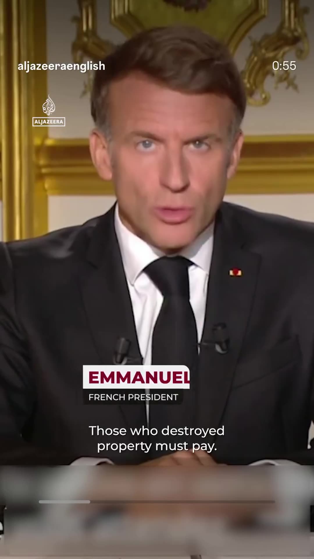 A story reshares an Al Jazeera English reel in which French President Emmanuel Macron condemns the violence and looting that followed mass protests over the cost of living and school conditions. He says those who destroyed property must pay, while he understands the protesters' concerns about fuel…