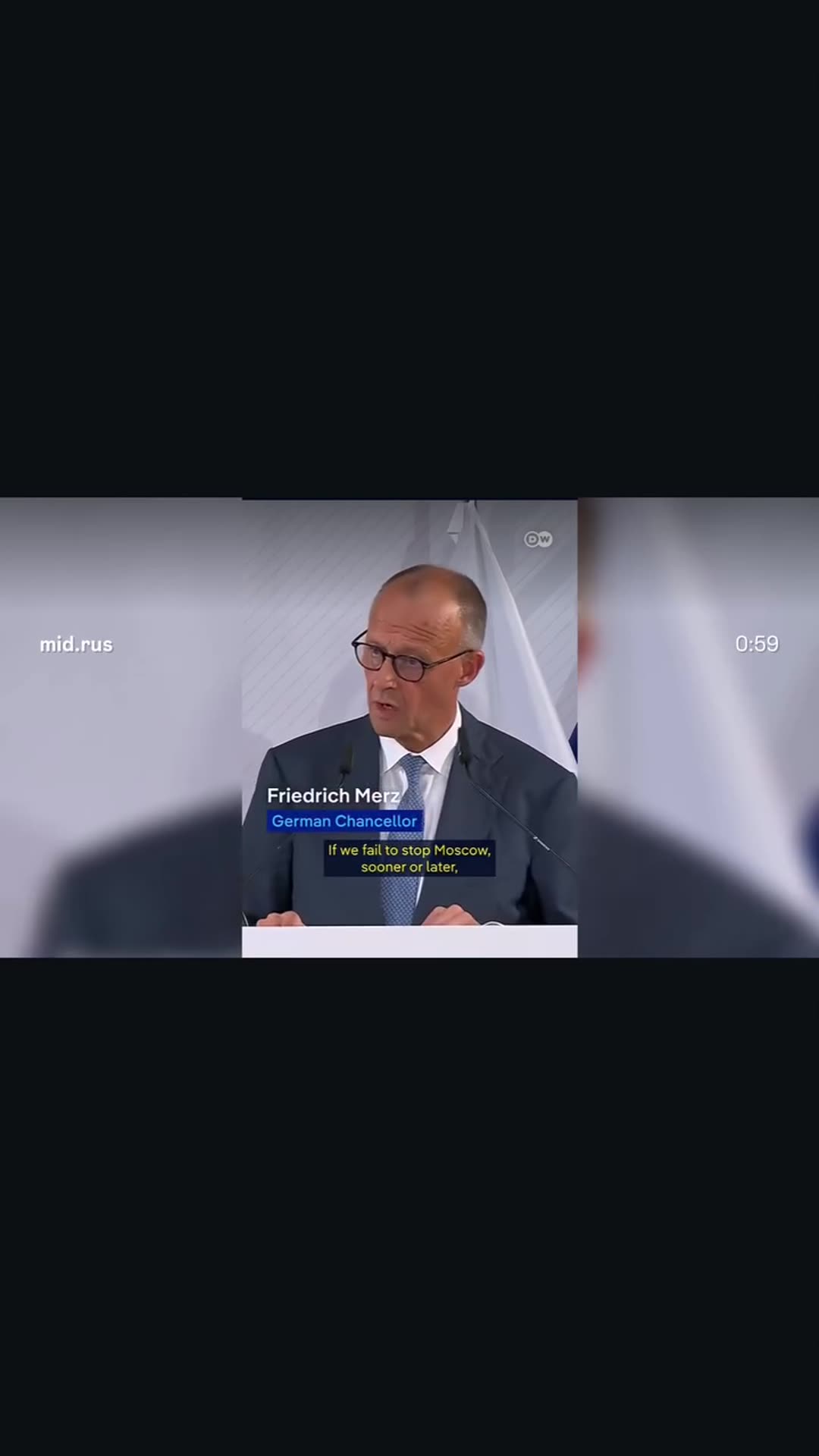A story reshares a Russian MFA (@mid.rus) reel. It opens with Western leaders warning of a Russian threat to Europe, then asks over footage of riots in France, Italy and Albania, 'Are those Russians?', and ends by claiming it is Europeans attacking Europe, 'the garden', a phrase credited to Joseph…