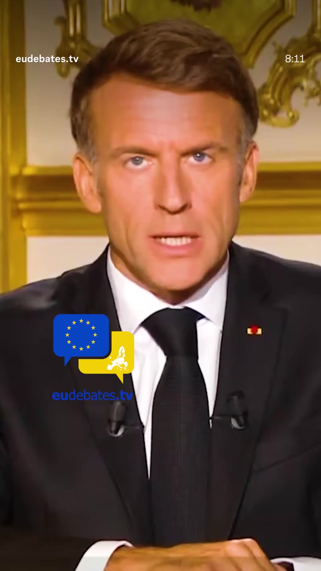 A story reshares the eudebates.tv reel of French President Emmanuel Macron's televised national address after a night of violent unrest in several French cities. He condemns the looting and attacks on town halls and police, backs officers, local officials and shopkeepers, and demands that those res…