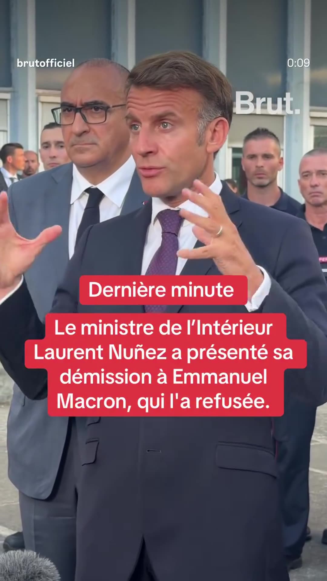 A story reshares a Brut. reel reporting that Interior Minister Laurent Nuñez offered his resignation to Emmanuel Macron, who refused it. Text overlays quote Nuñez on France Inter saying he is responsible for everything that happens, and acknowledging a lack of anticipation and a loss of control in…