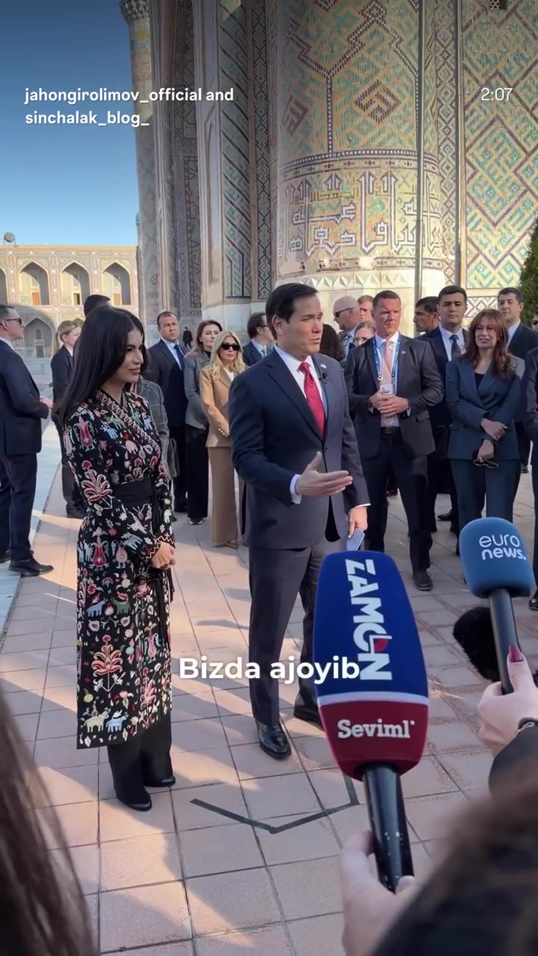 A story reshares a reel of US Secretary of State Marco Rubio speaking to the press at the Registan in Samarkand. He says almost 300 American businesses came with the delegation and that billions of dollars of agreements are expected. He also answers a question about China's role in Central Asia, sa…
